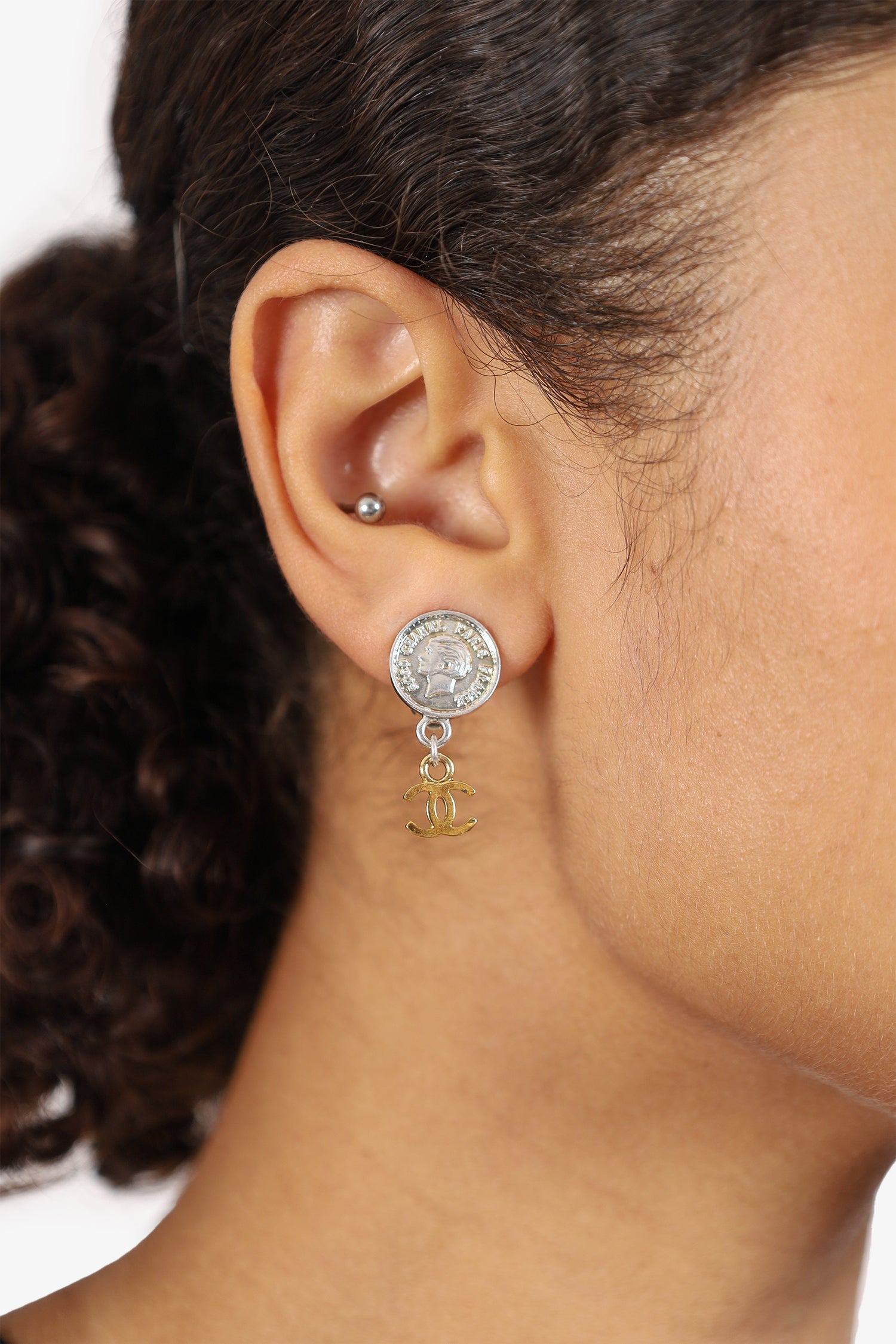Pre-Loved Chanel™ 1997 Gold/Silver Tone Mademoiselle Coin CC Dangle Clip-on Earrings