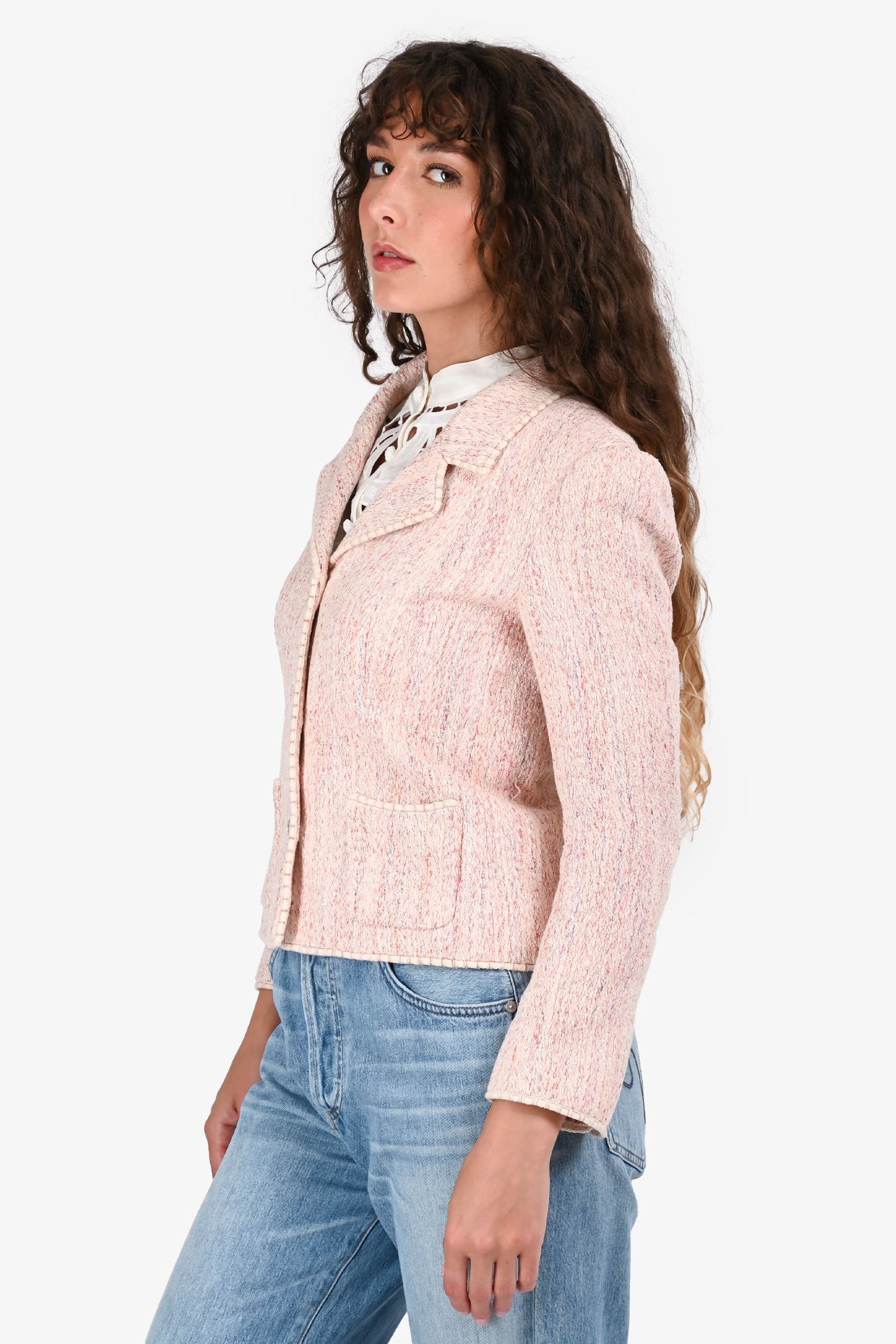 Pre-Loved Chanel™ Pink Silk Blend Tweed Single Breasted Blazer Size 38