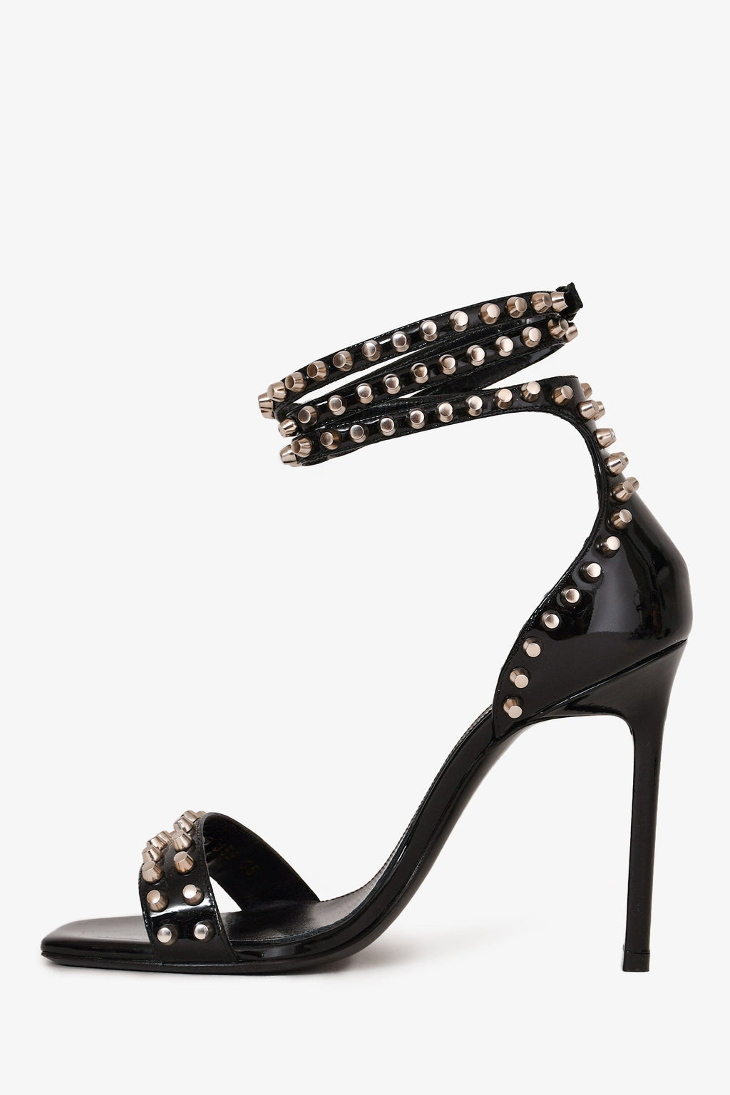 Saint Laurent Black Patent Leather Studded Sandal Heels Size 35