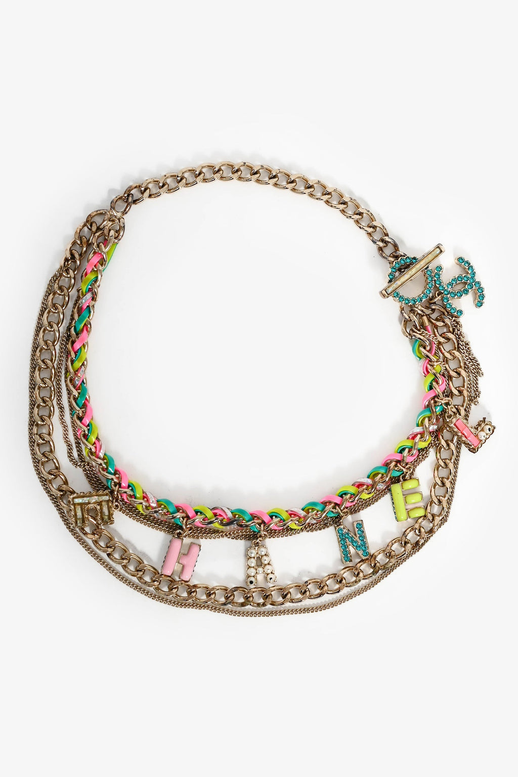 Pre-Loved Chanel™ 2024 Gold Toned Pink Enamel CC Hoops 2017 Gold Toned Multi-Coloured Logo Multi-Strand Necklace