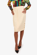 Pre-Loved Chanel™ Cream Wool/Silk CC Gold Buttons Midi Skirt Size 42