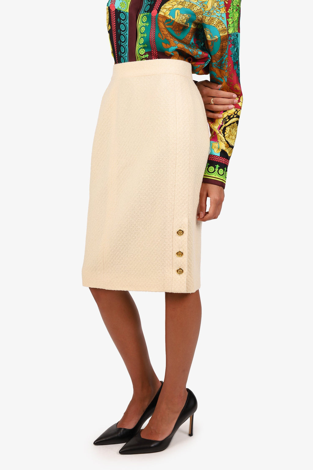 Pre-Loved Chanel™ Cream Wool/Silk CC Gold Buttons Midi Skirt Size 42