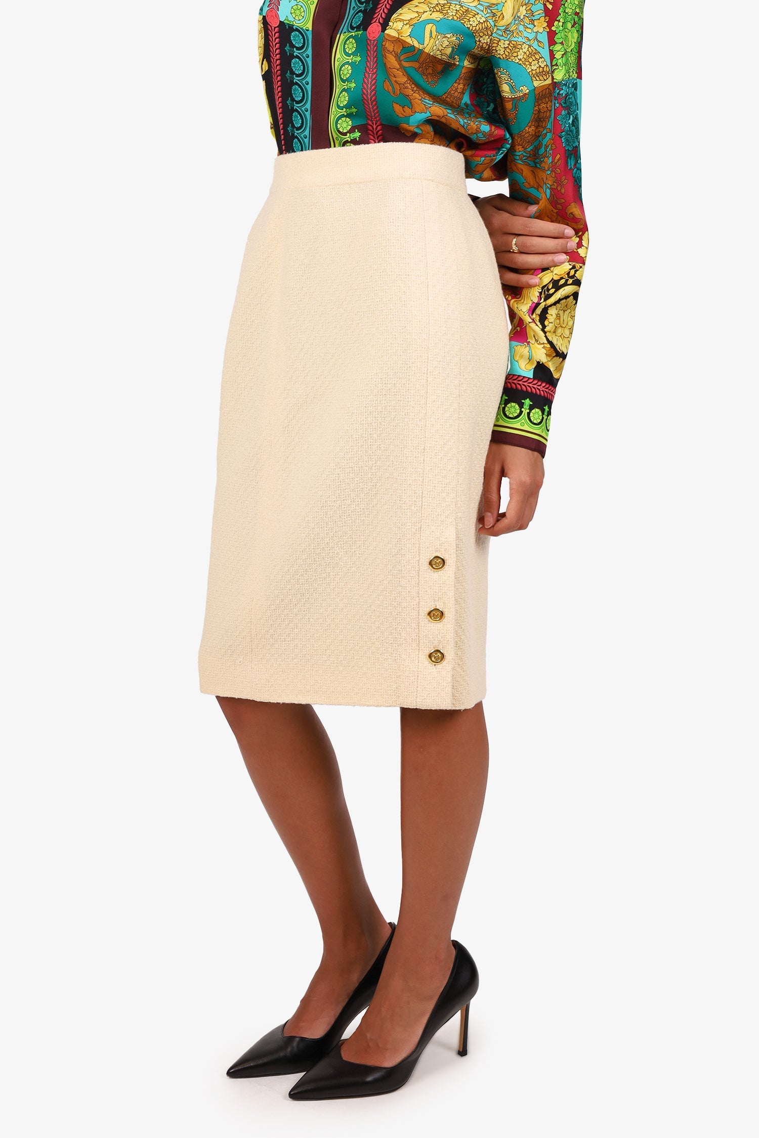 Pre-Loved Chanel™ Cream Wool/Silk CC Gold Buttons Midi Skirt Size 42