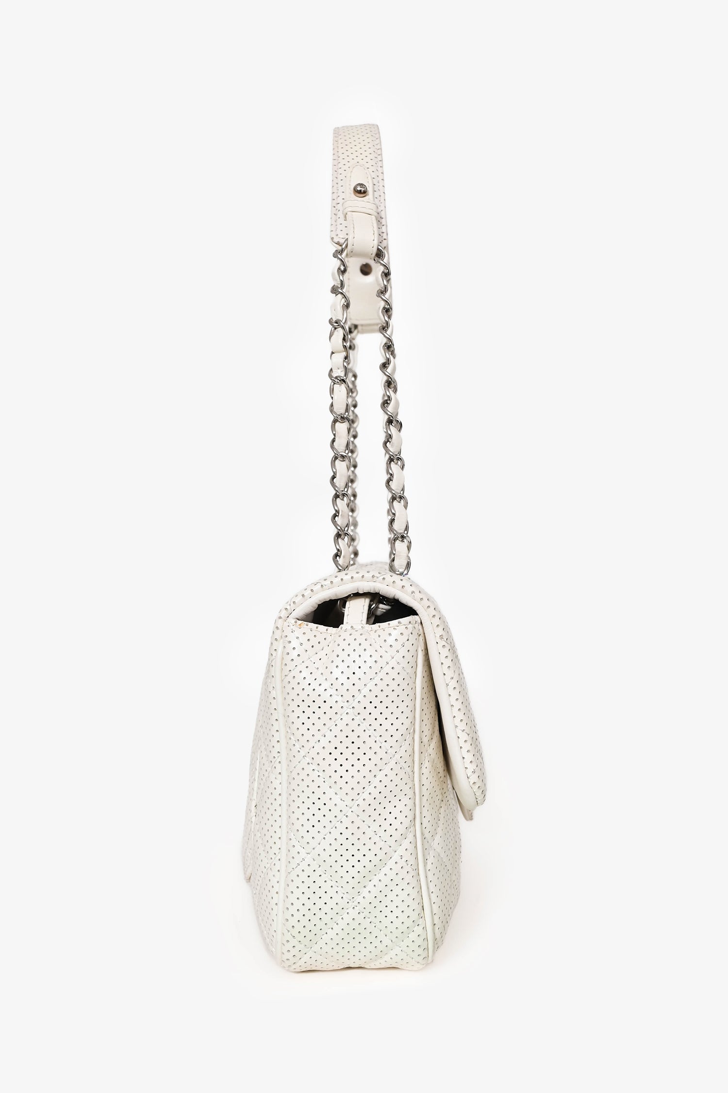 Pre-Loved Chanel™ 2014 White Perforated Leather Jumbo Double Flap Shoulder Bag