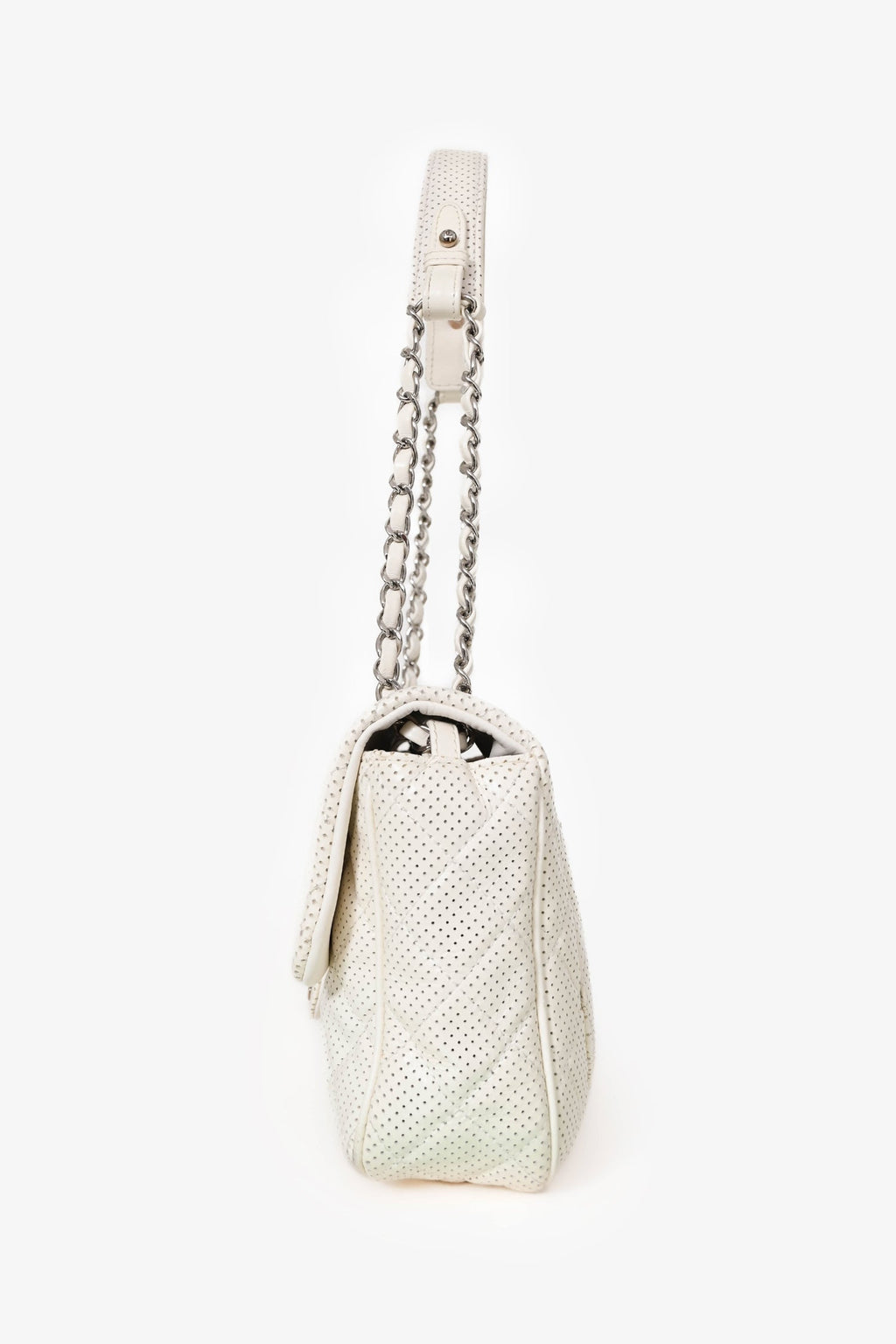 Pre-Loved Chanel™ 2014 White Perforated Leather Jumbo Double Flap Shoulder Bag