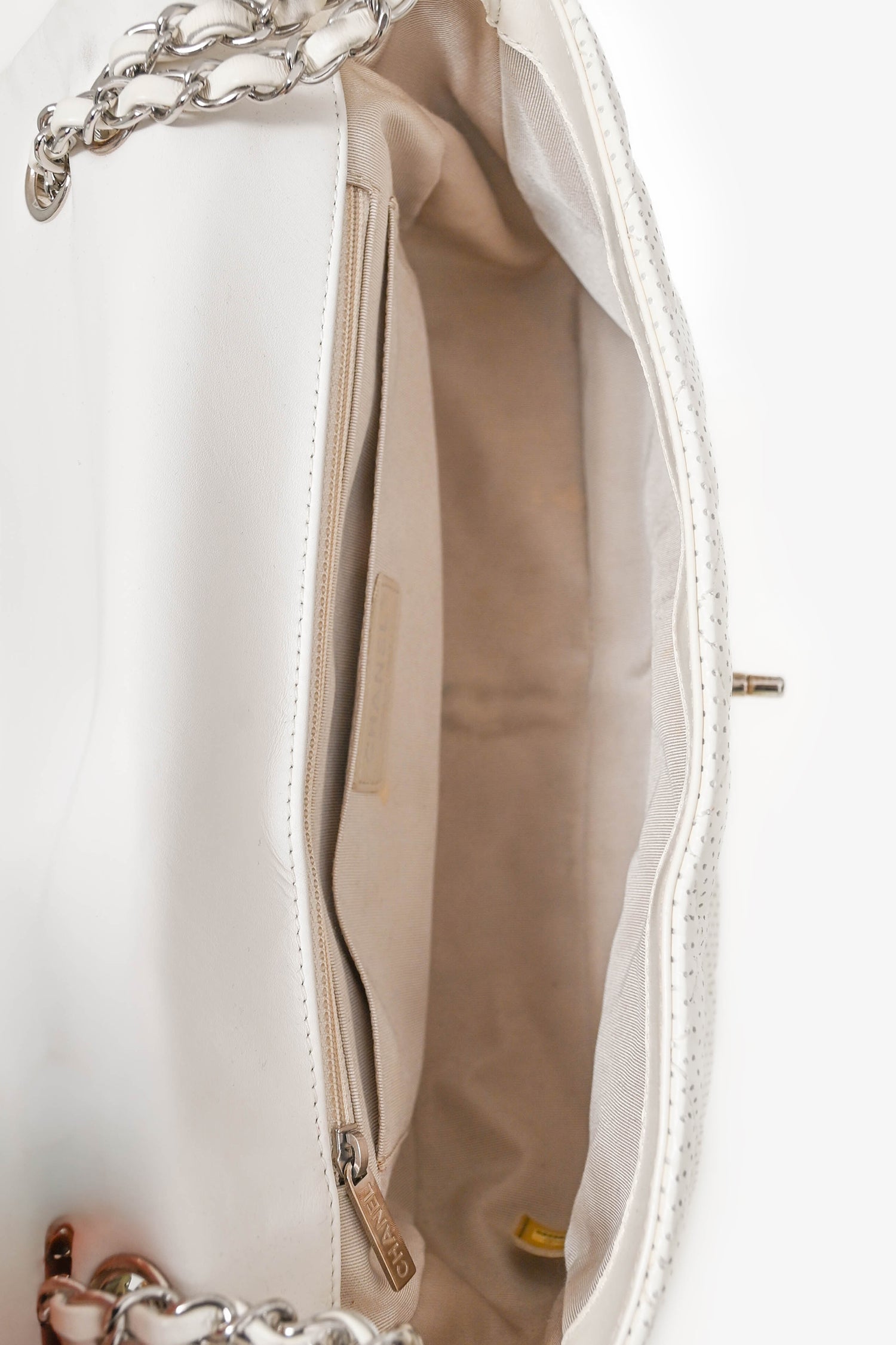 Pre-Loved Chanel™ 2014 White Perforated Leather Jumbo Double Flap Shoulder Bag