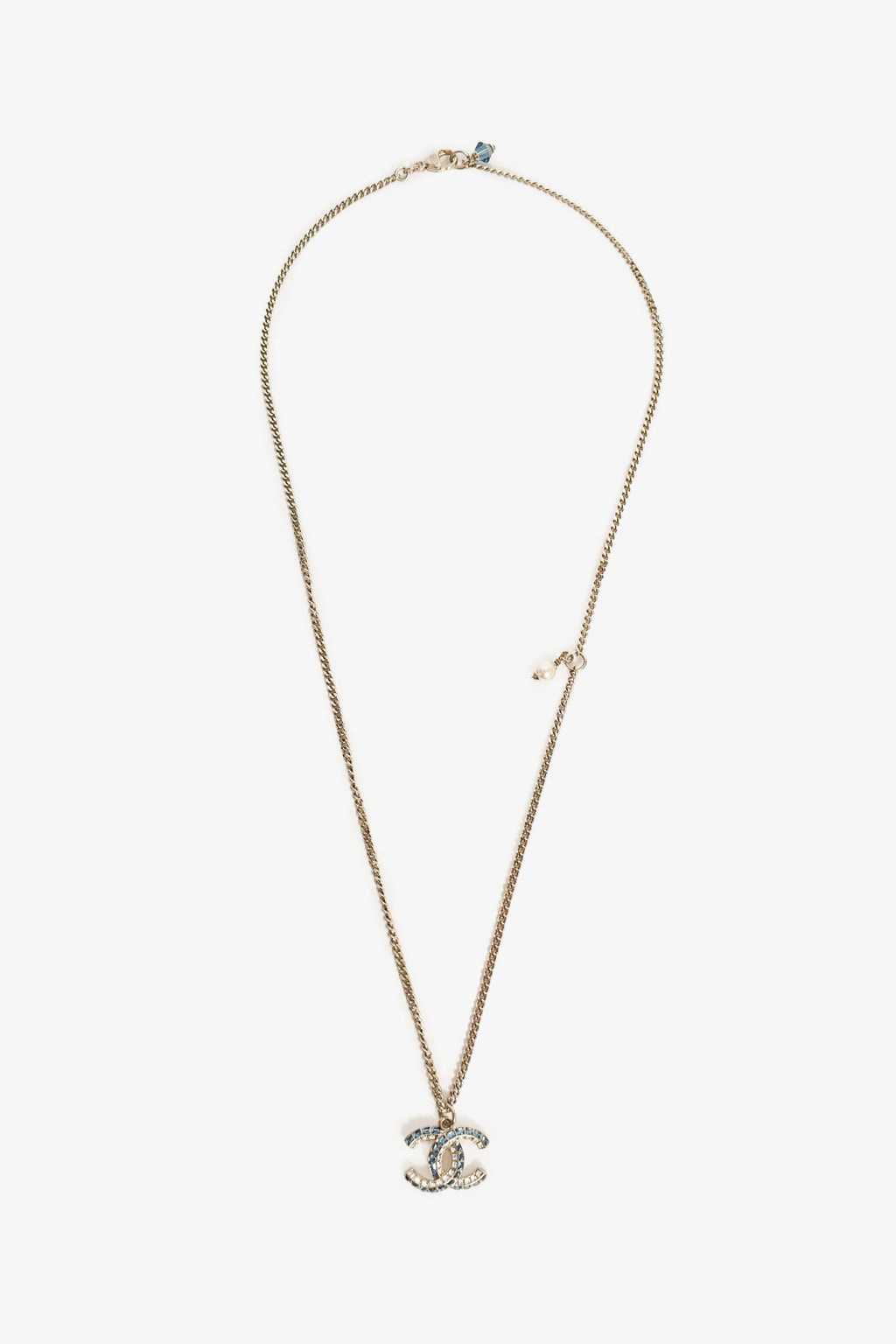 Pre-Loved Chanel™ 2019 Silver Toned Blue Crystal CC Long Necklace