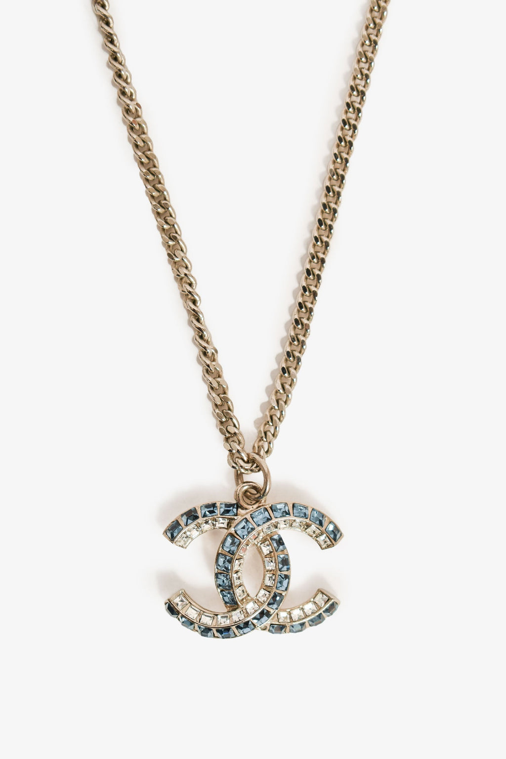 Pre-Loved Chanel™ 2019 Silver Toned Blue Crystal CC Long Necklace