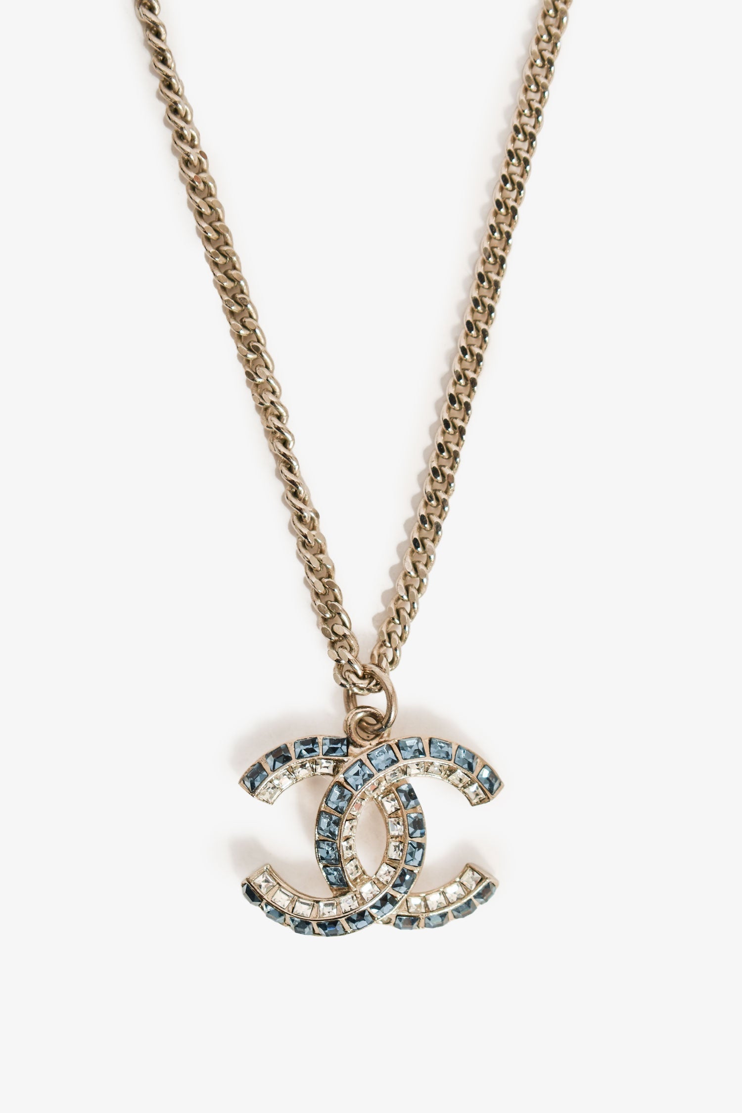 Pre-Loved Chanel™ 2019 Silver Toned Blue Crystal CC Long Necklace