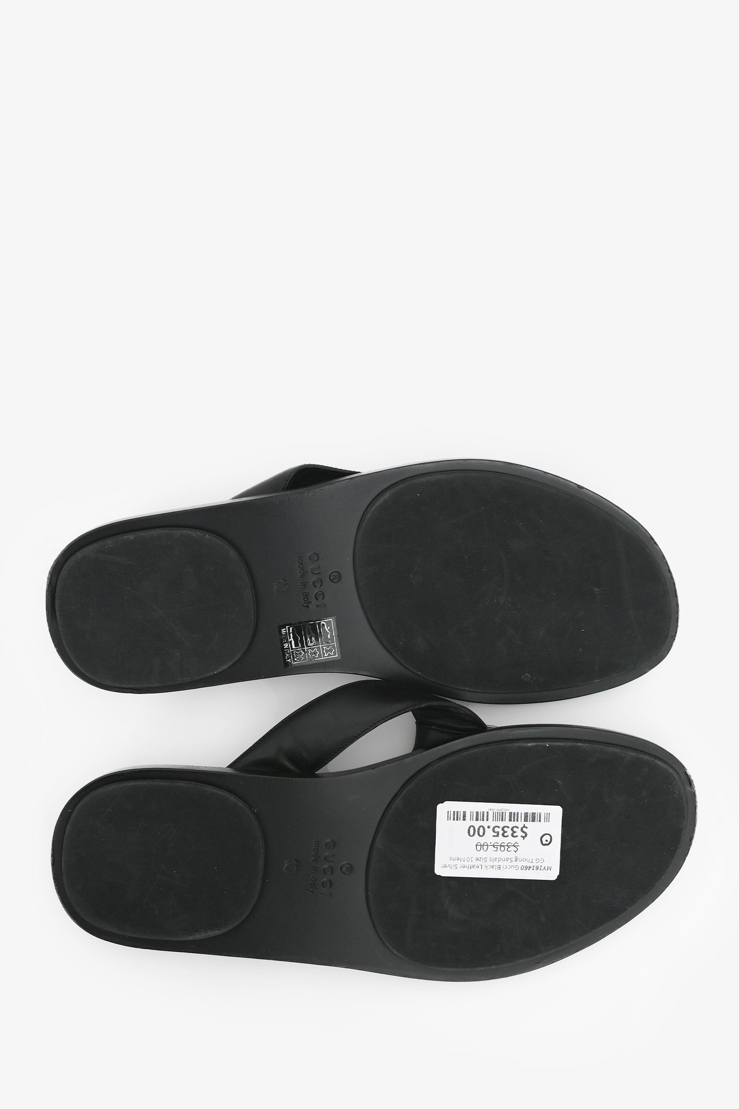 Gucci Black Leather Silver GG Thong Sandals Size 10 Mens