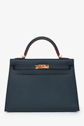 Hermès 2016 Blue Indigo/Rouge H Trim Epsom Leather Contour Sellier Kelly 32 With Strap GHW