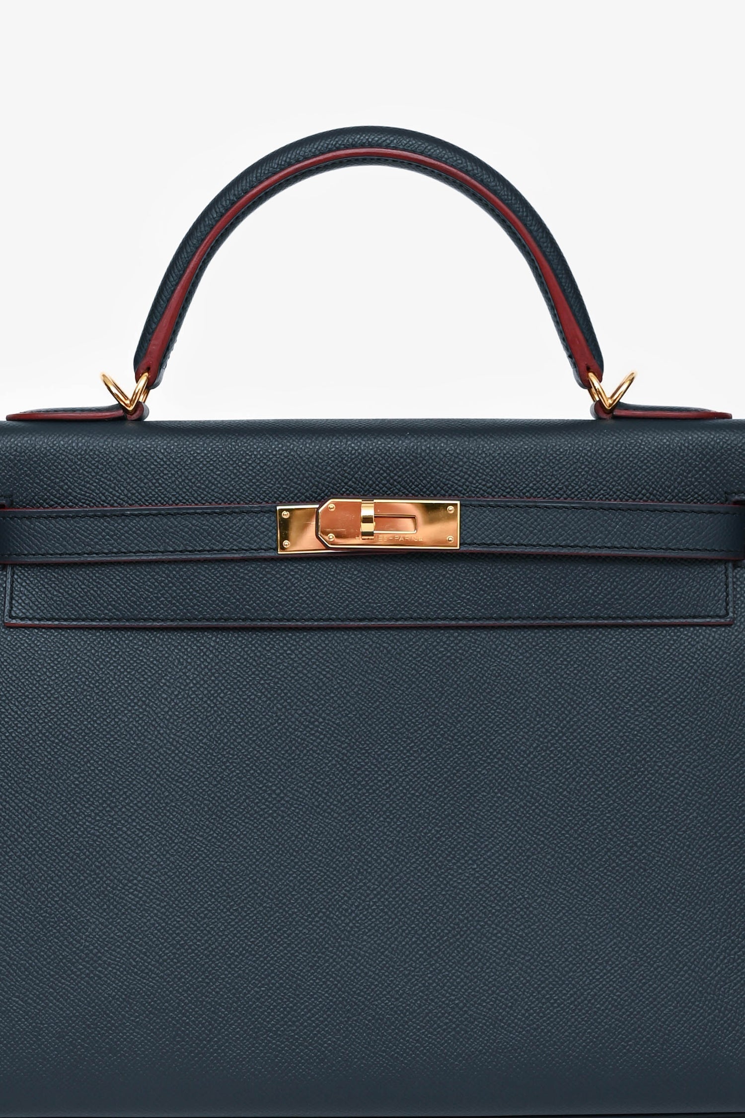 Hermès 2016 Blue Indigo/Rouge H Trim Epsom Leather Contour Sellier Kelly 32 With Strap GHW
