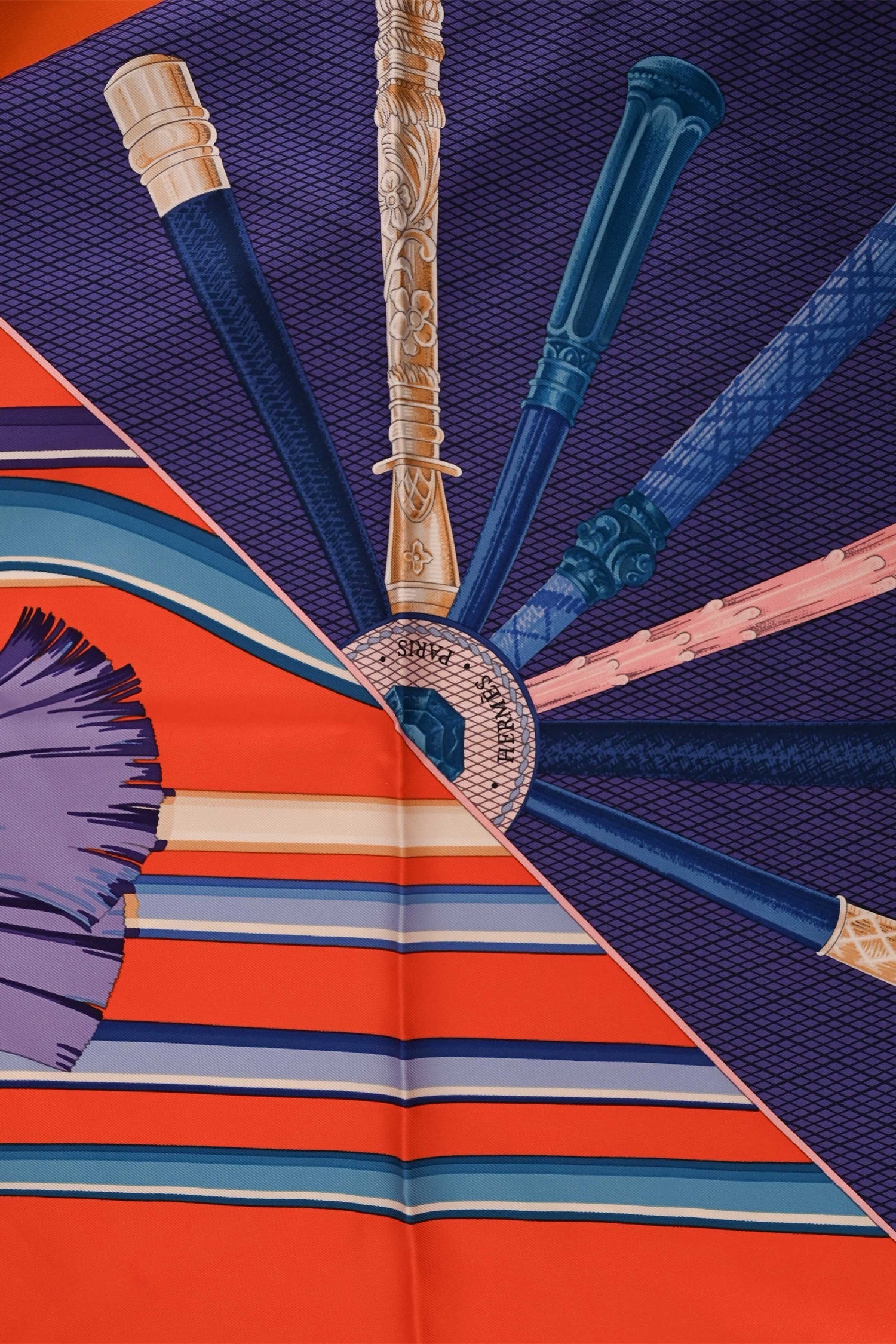 Hermès Orange/Blue Silk Cane Motif Scarf Size 90