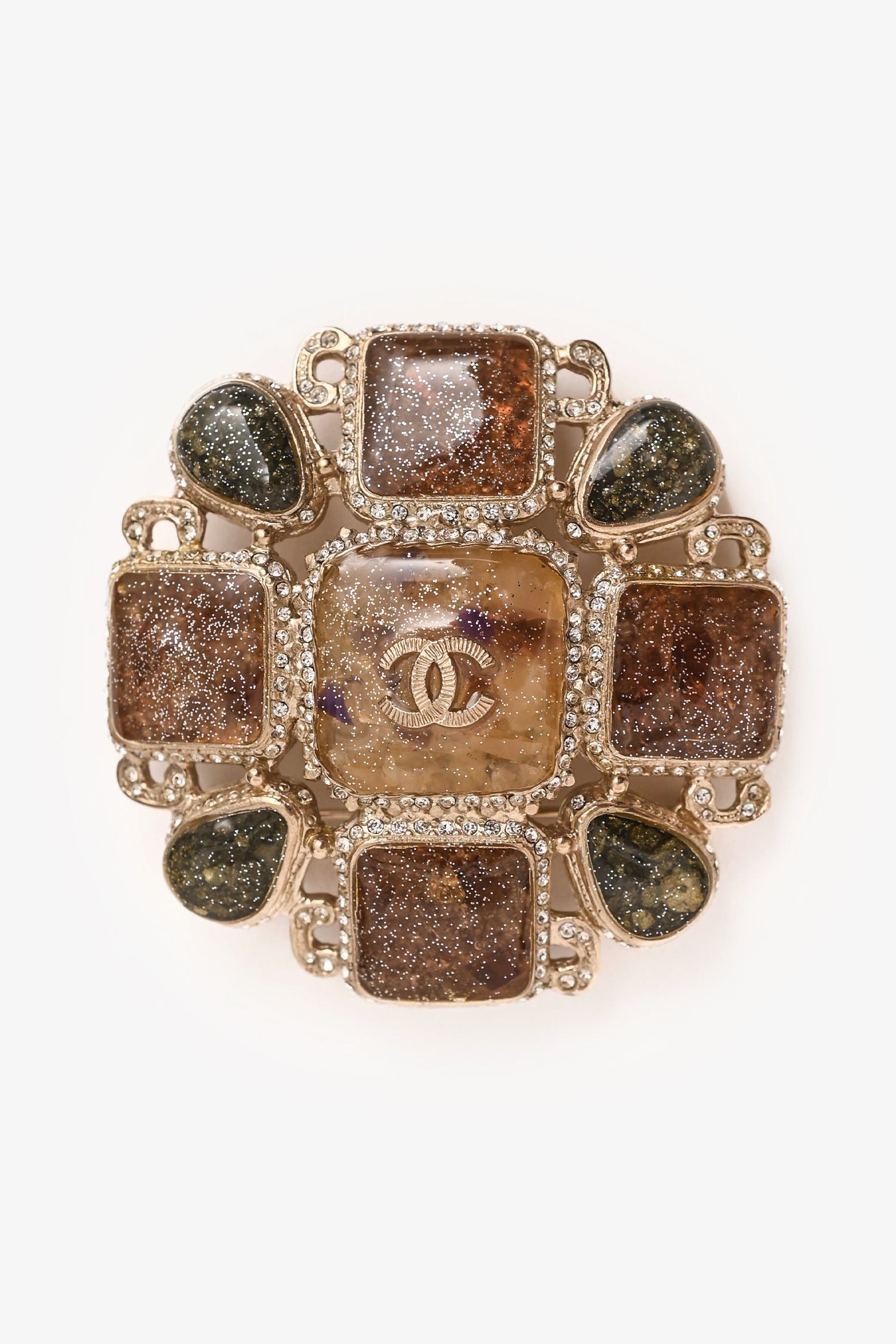 Pre-Loved Chanel™ 2012 Green/Beige Glitter Resin CC Brooch