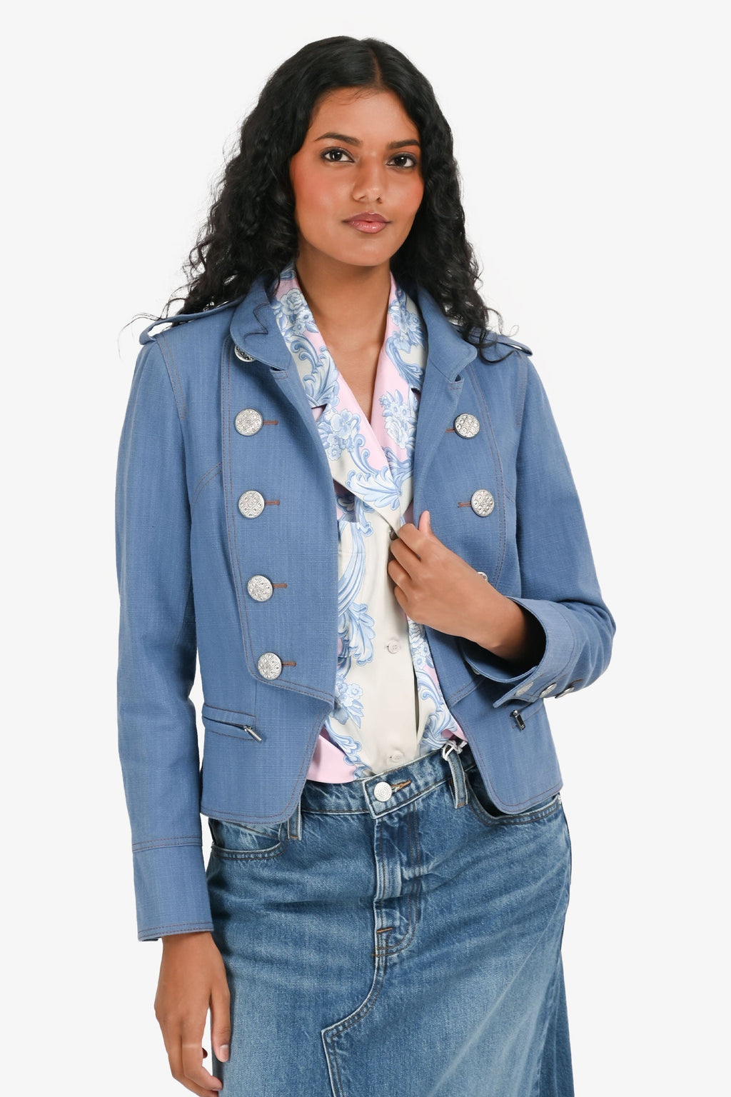 Pre-Loved Chanel™ 2013 Blue Denim Military Style Cropped Jacket Size 38