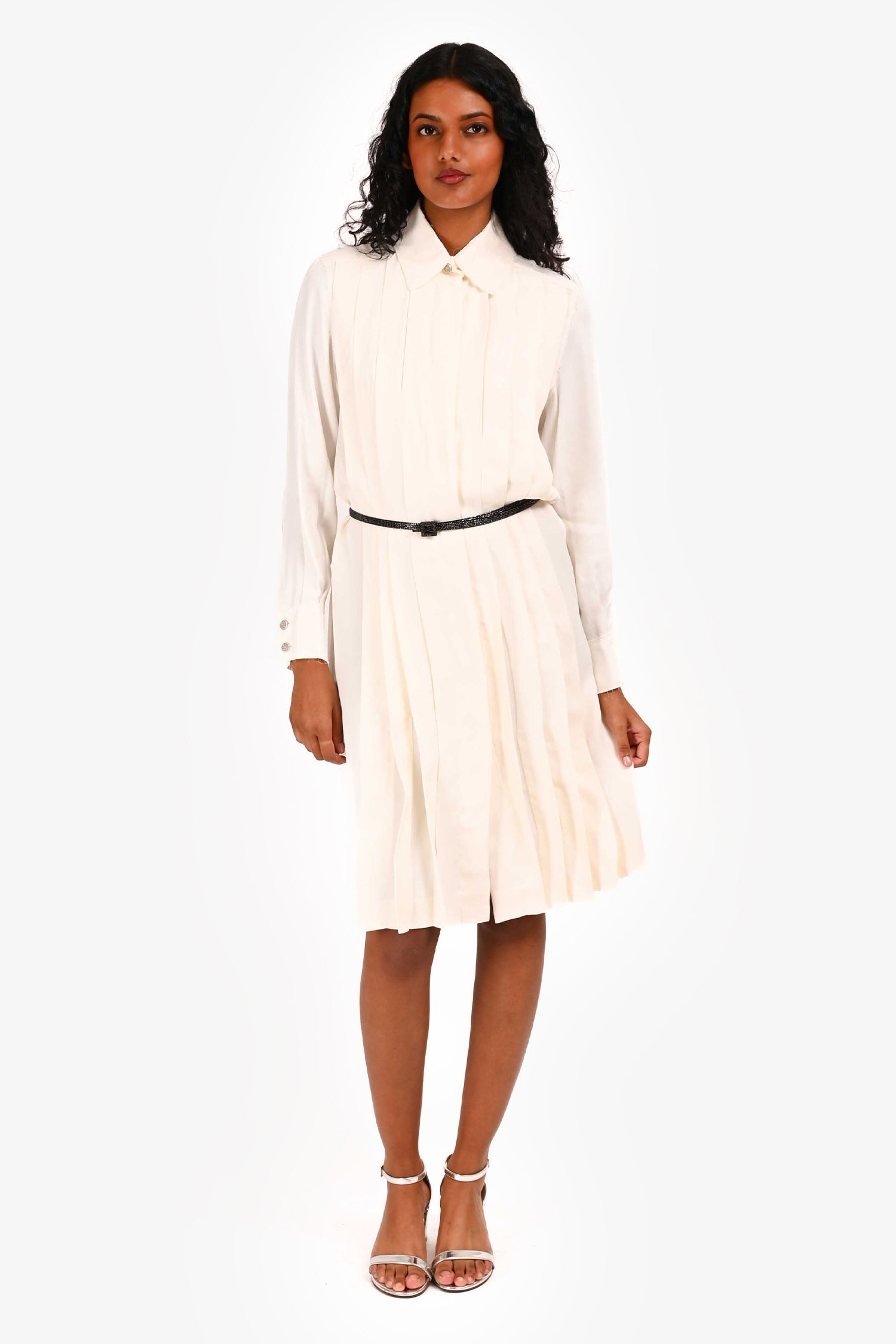 Pre-Loved Chanel™  White Distressed Detailed Plated Shirt Dress Size 38