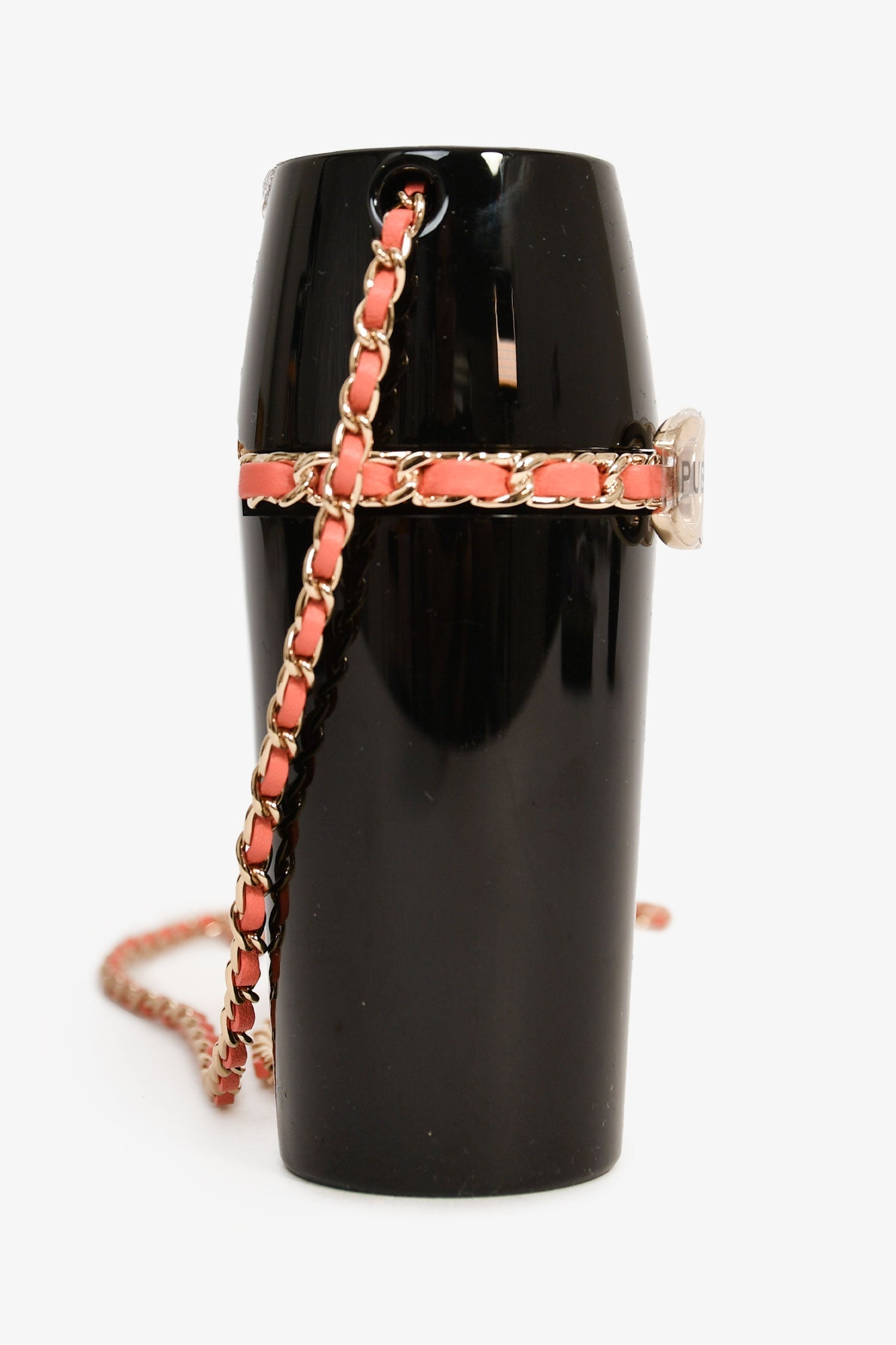 Pre-Loved Chanel™ Black Lucite Leather Pink Chain Trim Lipstick Case Necklace