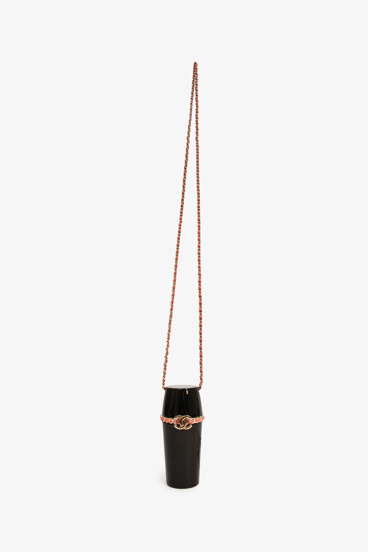 Pre-Loved Chanel™ Black Lucite Leather Pink Chain Trim Lipstick Case Necklace