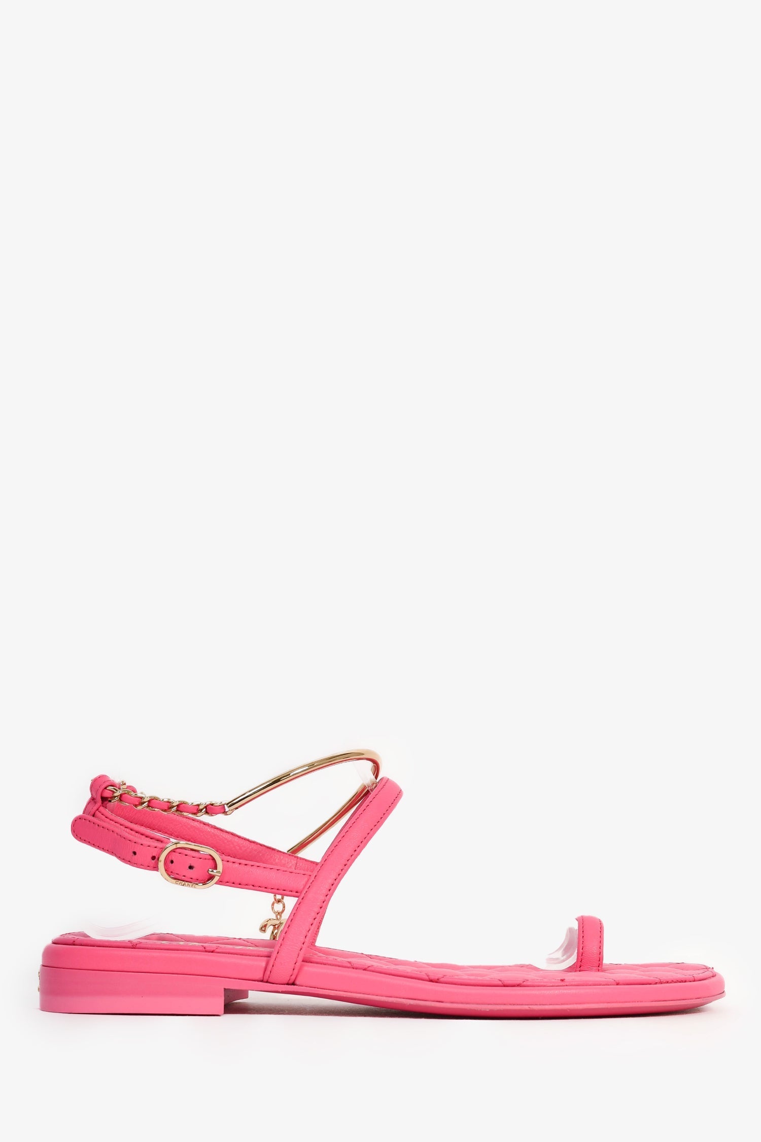 Pre-Loved Chanel™ Hot Pink Leather Gold Ankle Wrap Sandals with Chain Link Detail Size 36C