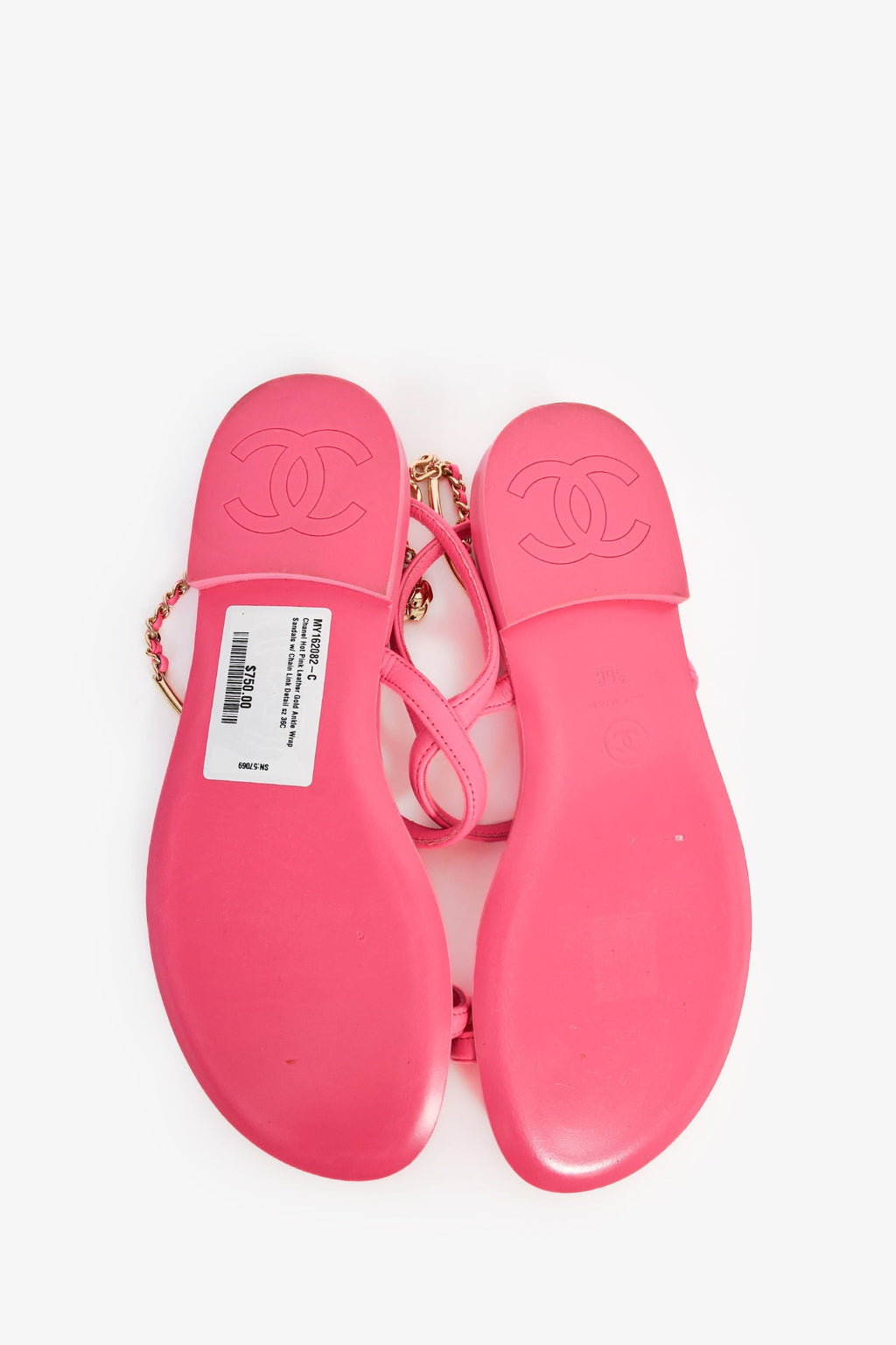 Pre-Loved Chanel™ Hot Pink Leather Gold Ankle Wrap Sandals with Chain Link Detail Size 36C