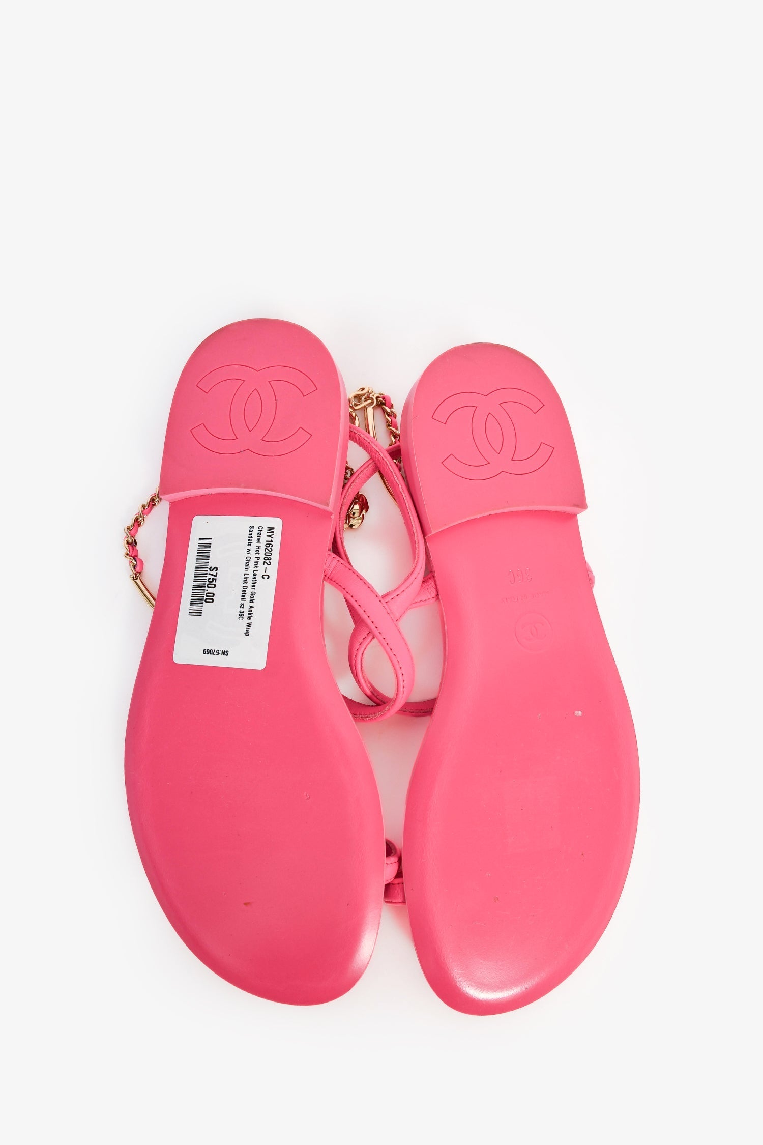 Pre-Loved Chanel™ Hot Pink Leather Gold Ankle Wrap Sandals with Chain Link Detail Size 36C