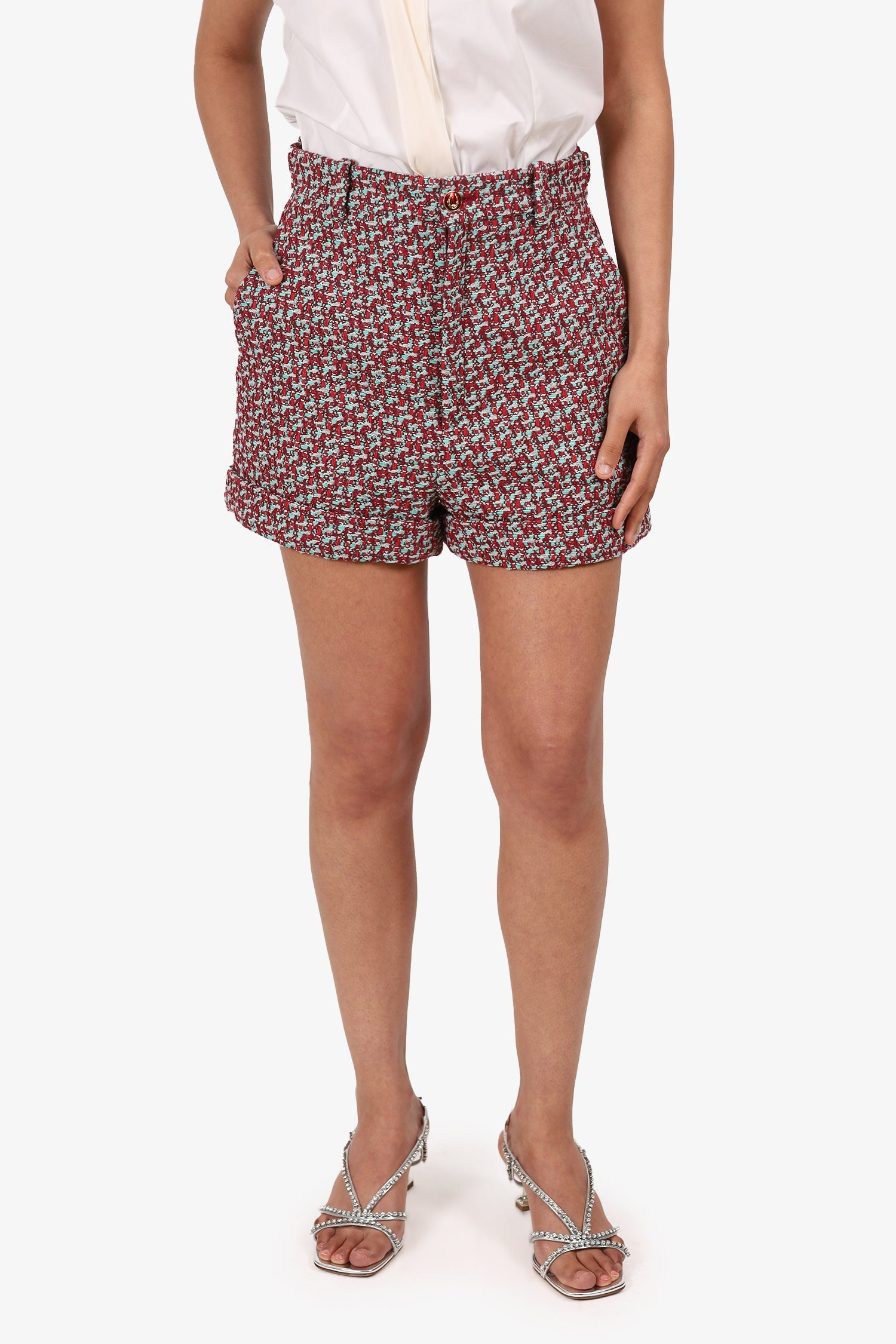 Gucci Red/Green Tweed High Waisted Shorts Size 38