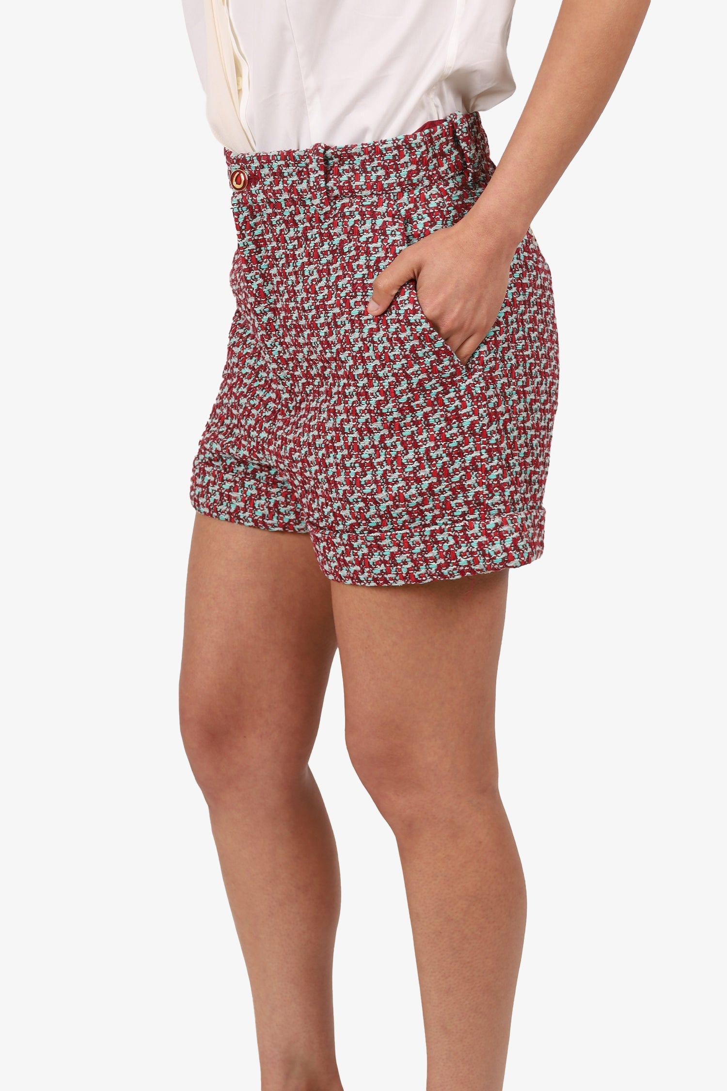 Gucci Red/Green Tweed High Waisted Shorts Size 38