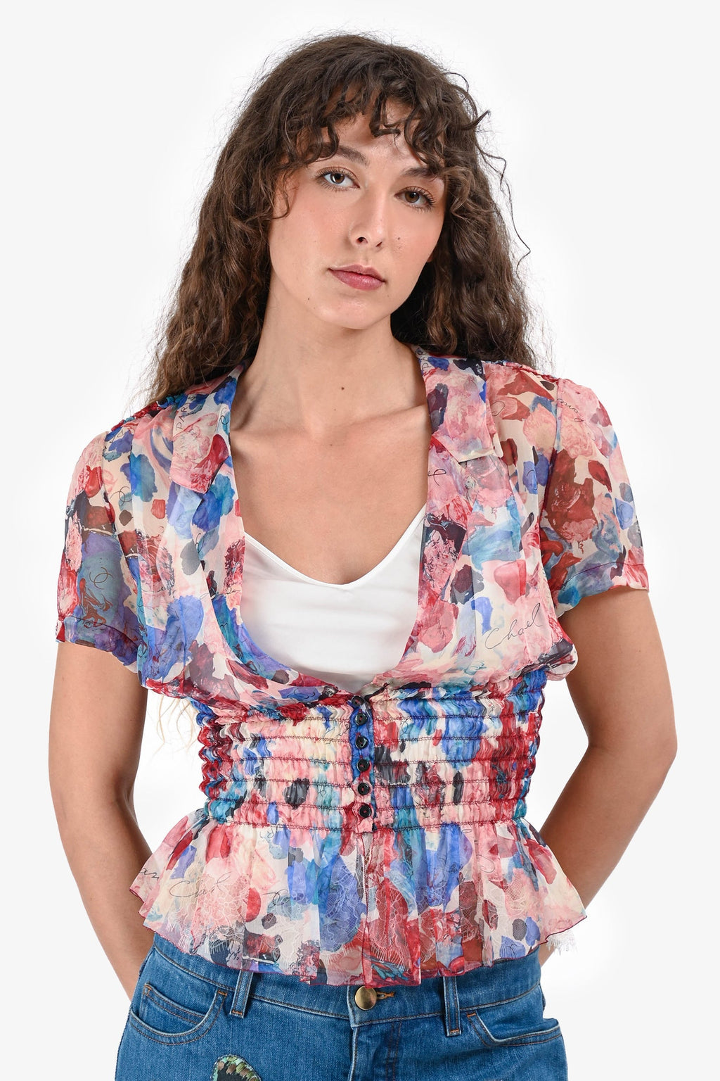 Pre-Loved Chanel™ Pink/Blue Floral Silk Sheer Blouse Size 38