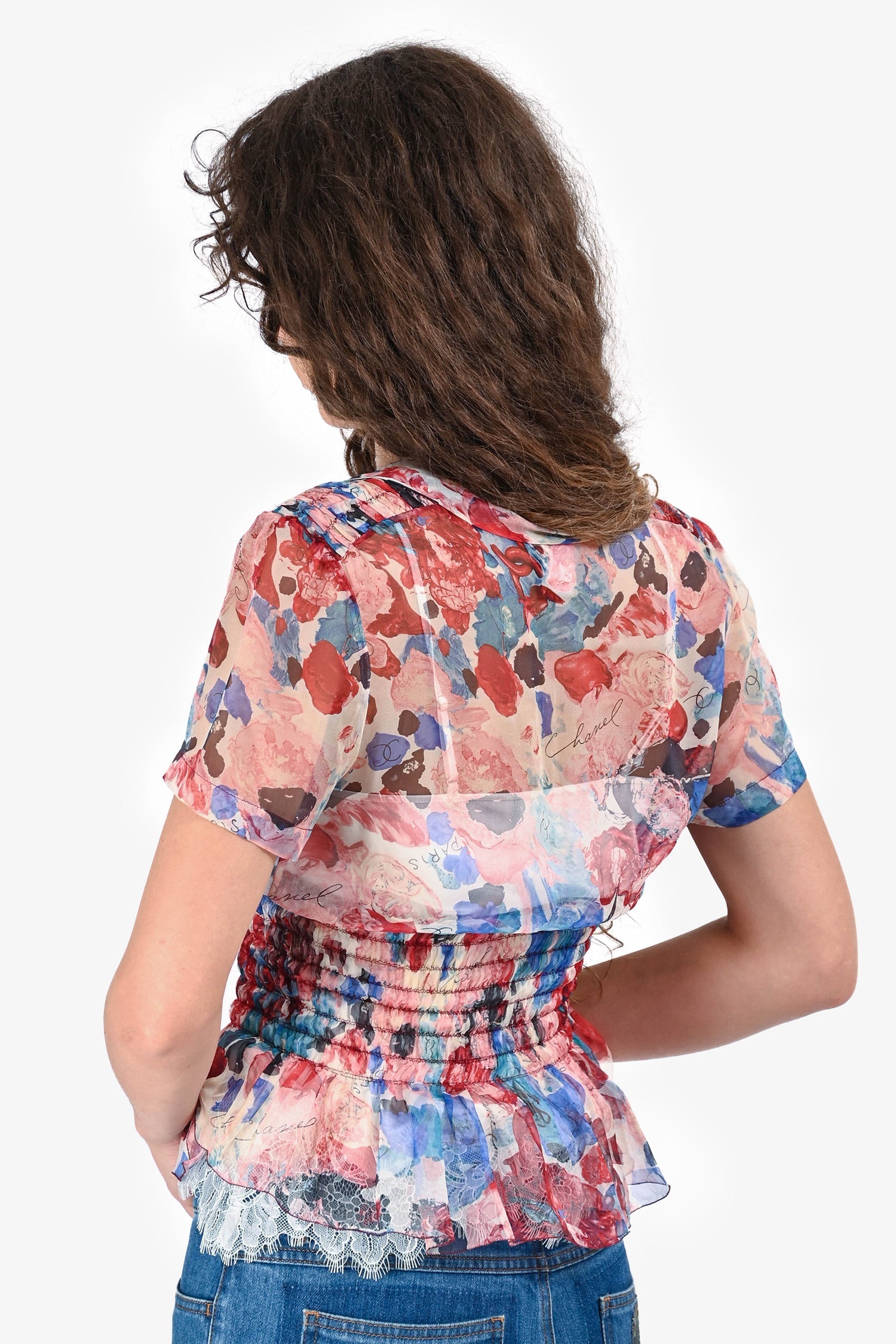 Pre-Loved Chanel™ Pink/Blue Floral Silk Sheer Blouse Size 38