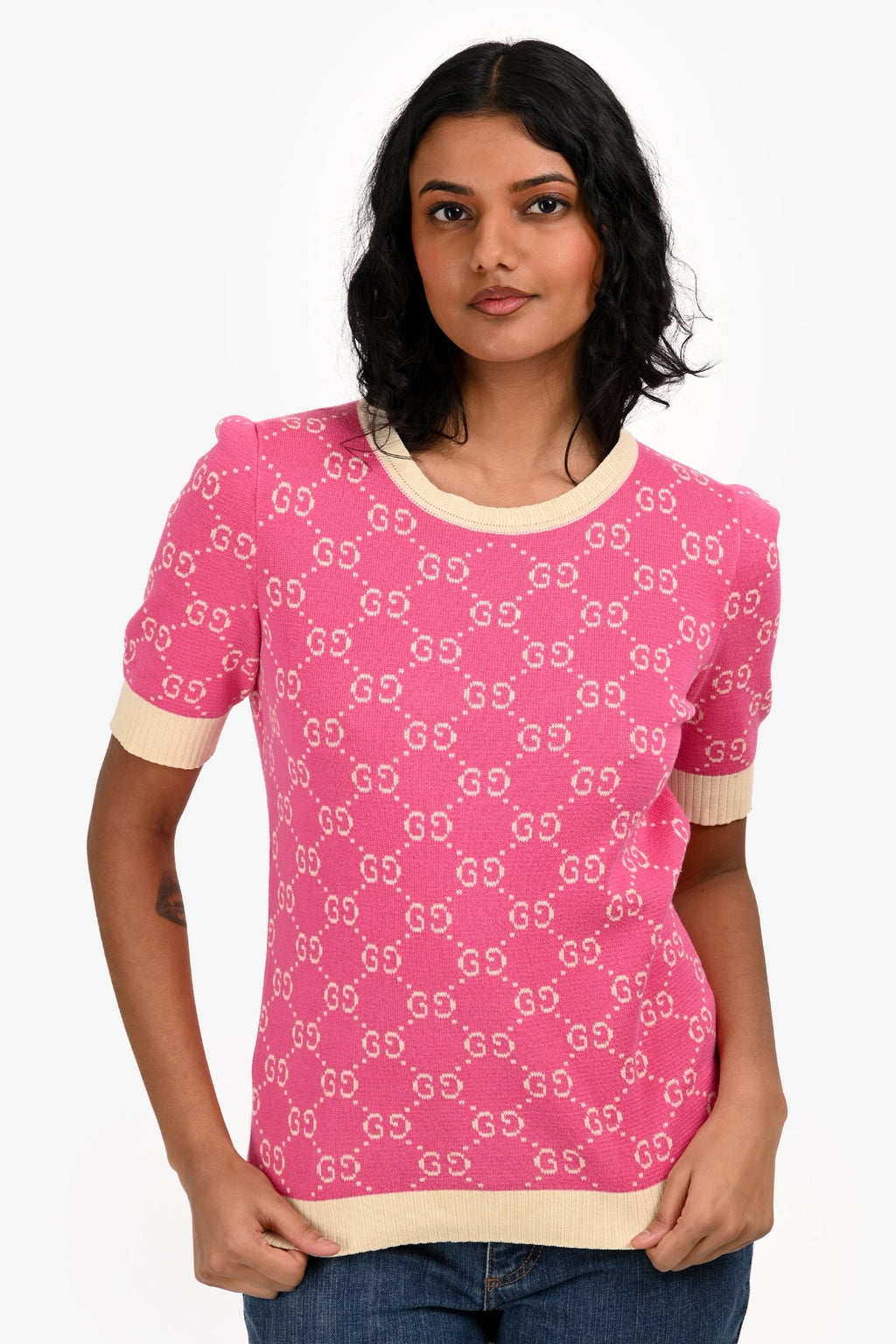 Gucci Pink/Beige GG Jacquard Knit Top Size S