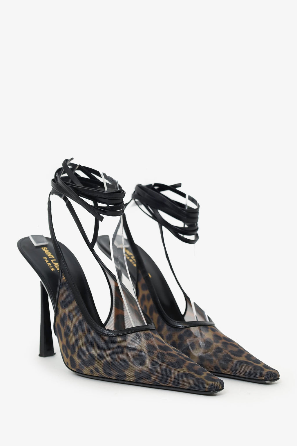 Saint Laurent Black/Leopard Print Leather Mesh Oxalis Slingback Pumps Size 40.5