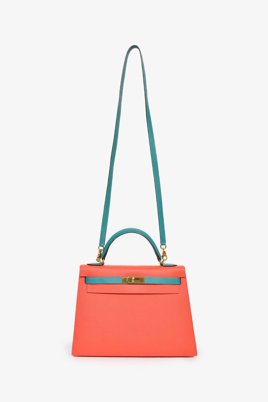 Hermès 2017 Special Order Coral/Teal Bi-Colour Epsom Leather Kelly Sellier 32