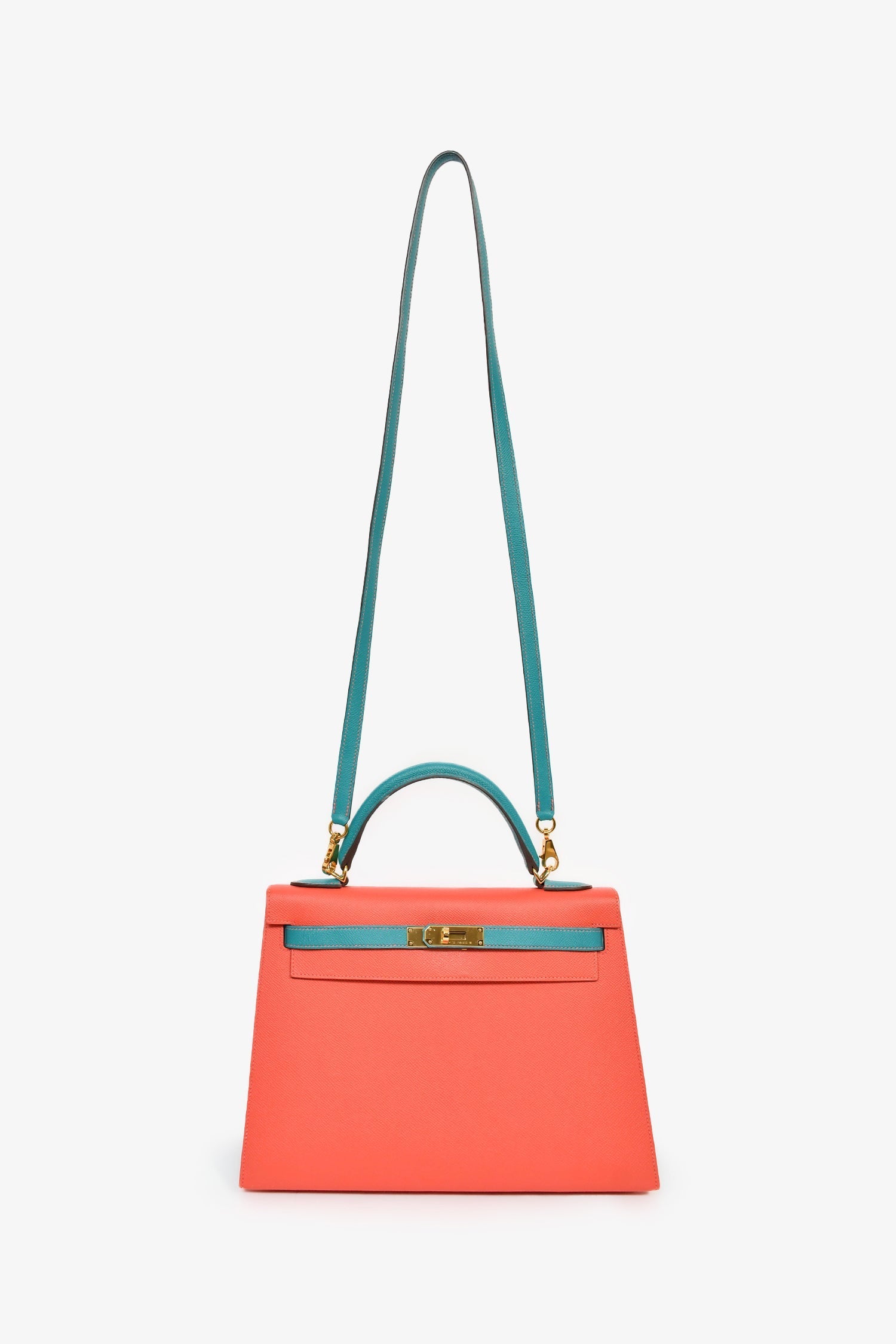 Hermès 2017 Special Order Coral/Teal Bi-Colour Epsom Leather Kelly Sellier 32