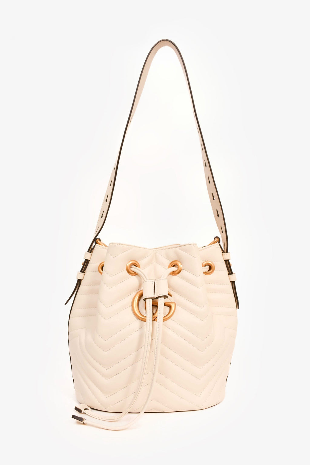 Gucci White Leather GG Marmont Medium Bucket Bag with Strap