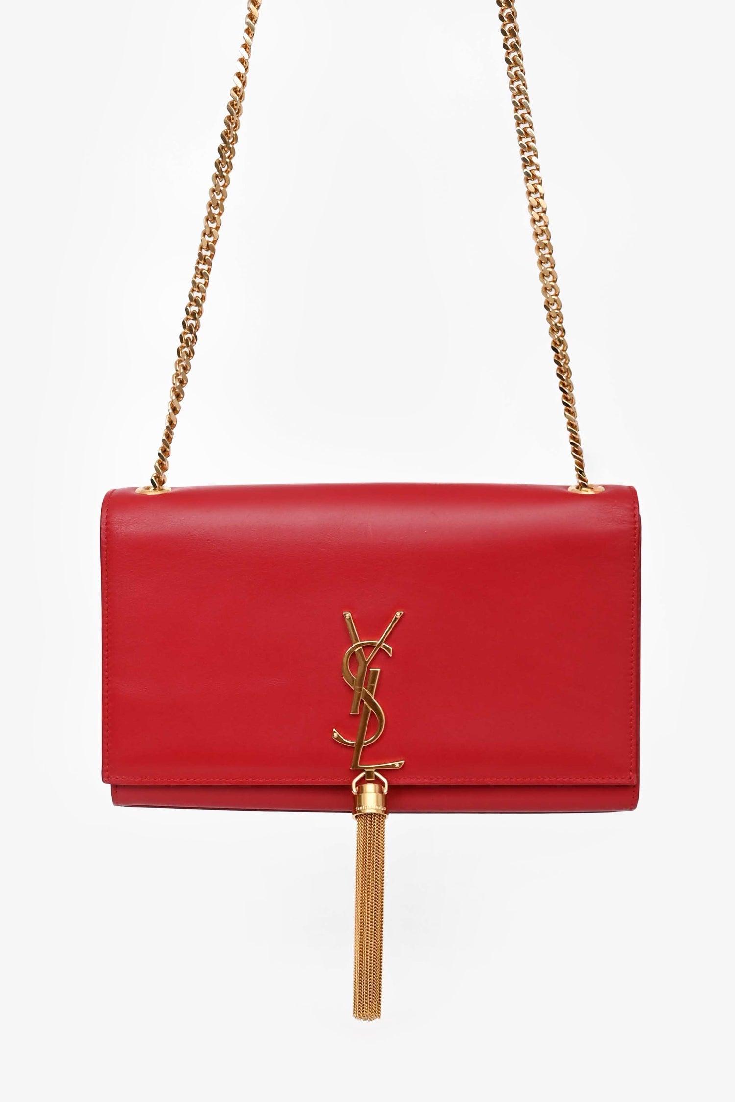 Saint Laurent Red Leather Medium Kate Tassel Bag on Chain