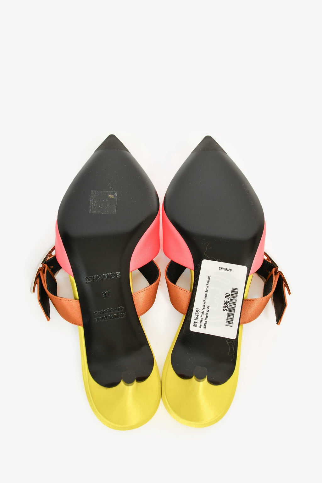 Hermès Pink/Yellow/Brown Satin Pointed Kitten Heels Size 37