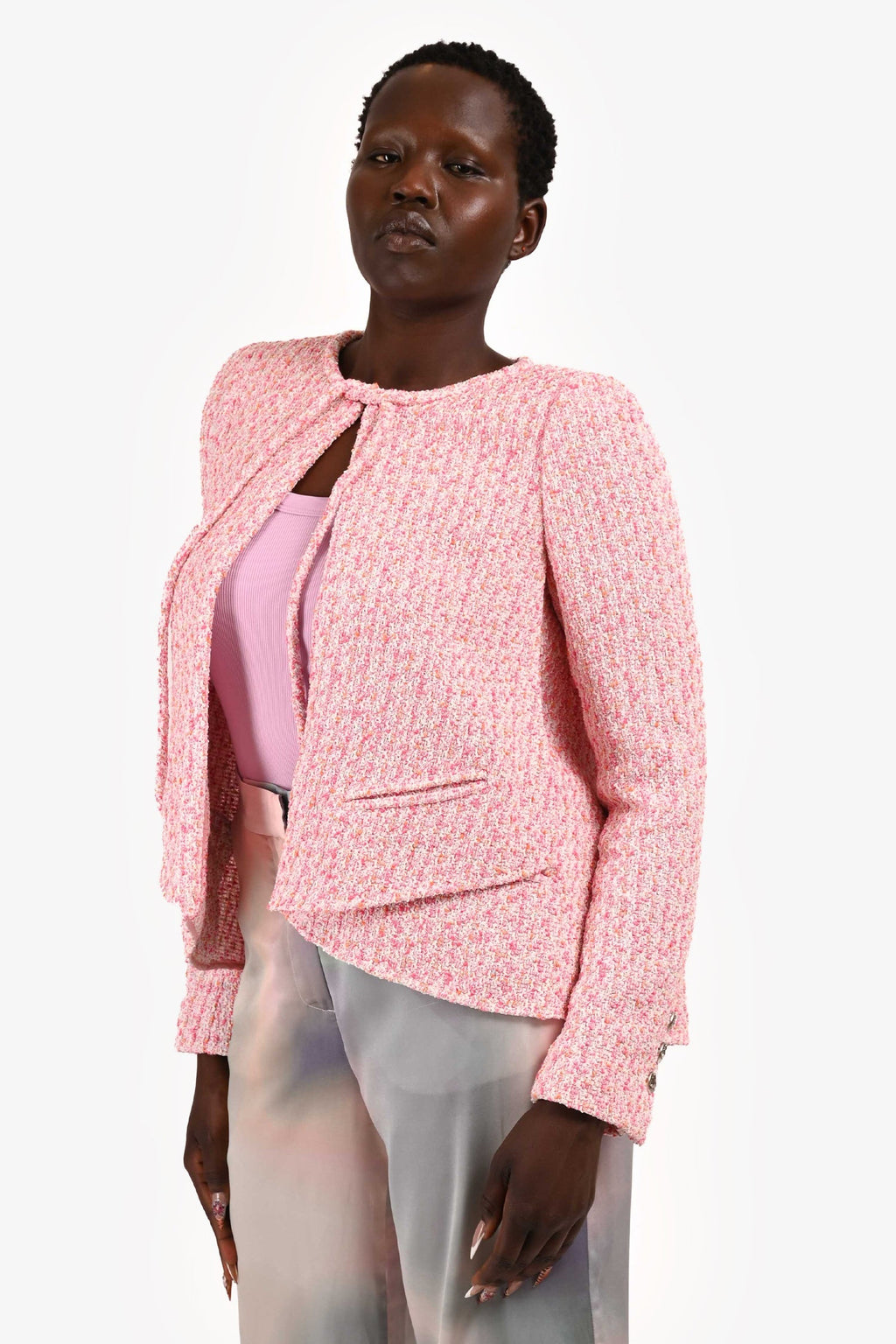 Pre-Loved Chanel™ 2025 Pink/White Tweed Neck Tie Pleated Detail Blazer Size 40
