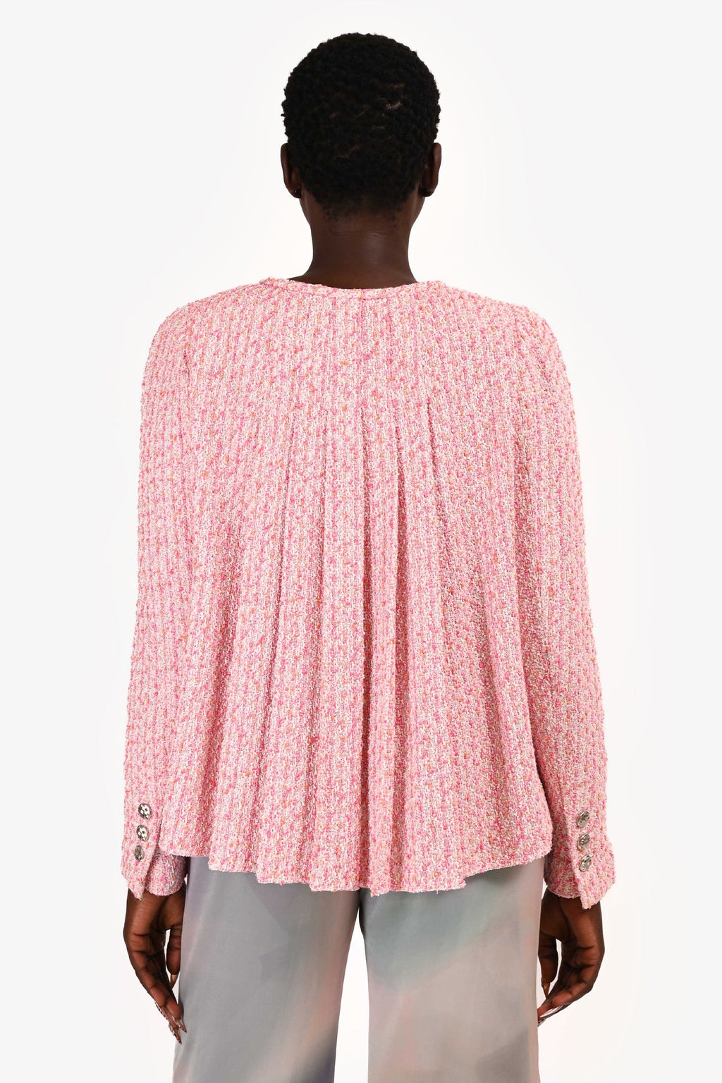 Pre-Loved Chanel™ 2025 Pink/White Tweed Neck Tie Pleated Detail Blazer Size 40