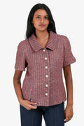 Pre-Loved Chanel™ Pink/Orange Metallic Tweed Short Sleeve Faux Pearl Logo Button Jacket Size 40
