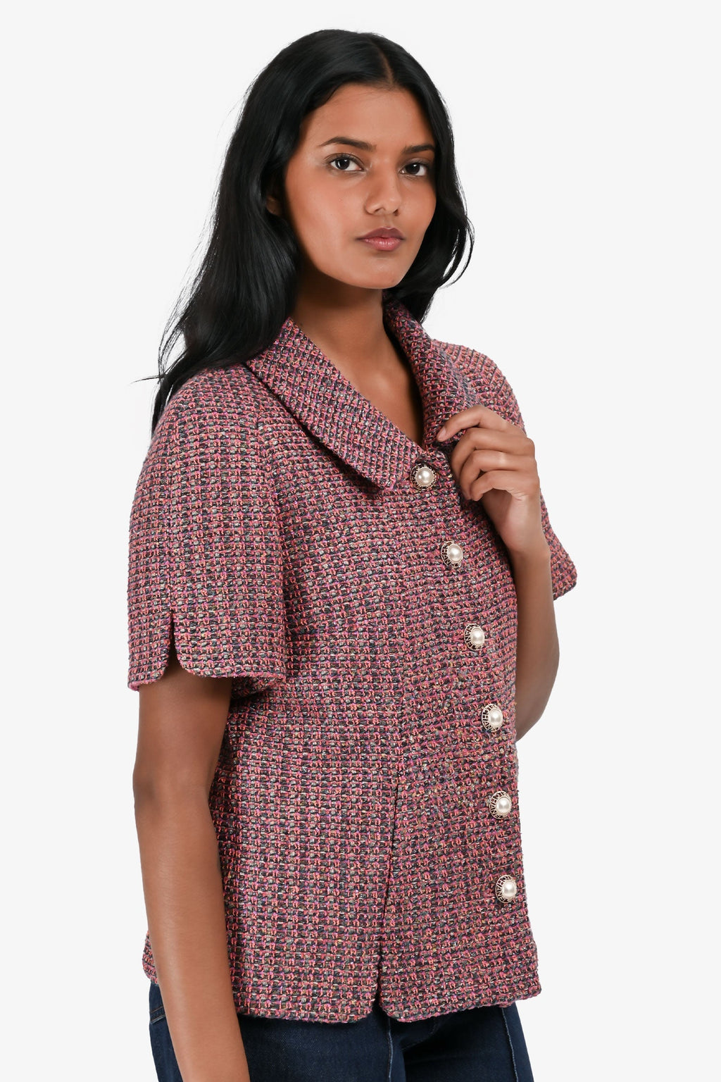 Pre-Loved Chanel™ Pink/Orange Metallic Tweed Short Sleeve Faux Pearl Logo Button Jacket Size 40