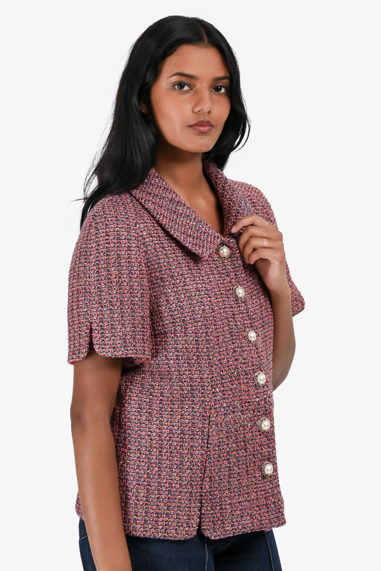 Pre-Loved Chanel™ Pink/Orange Metallic Tweed Short Sleeve Faux Pearl Logo Button Jacket Size 40