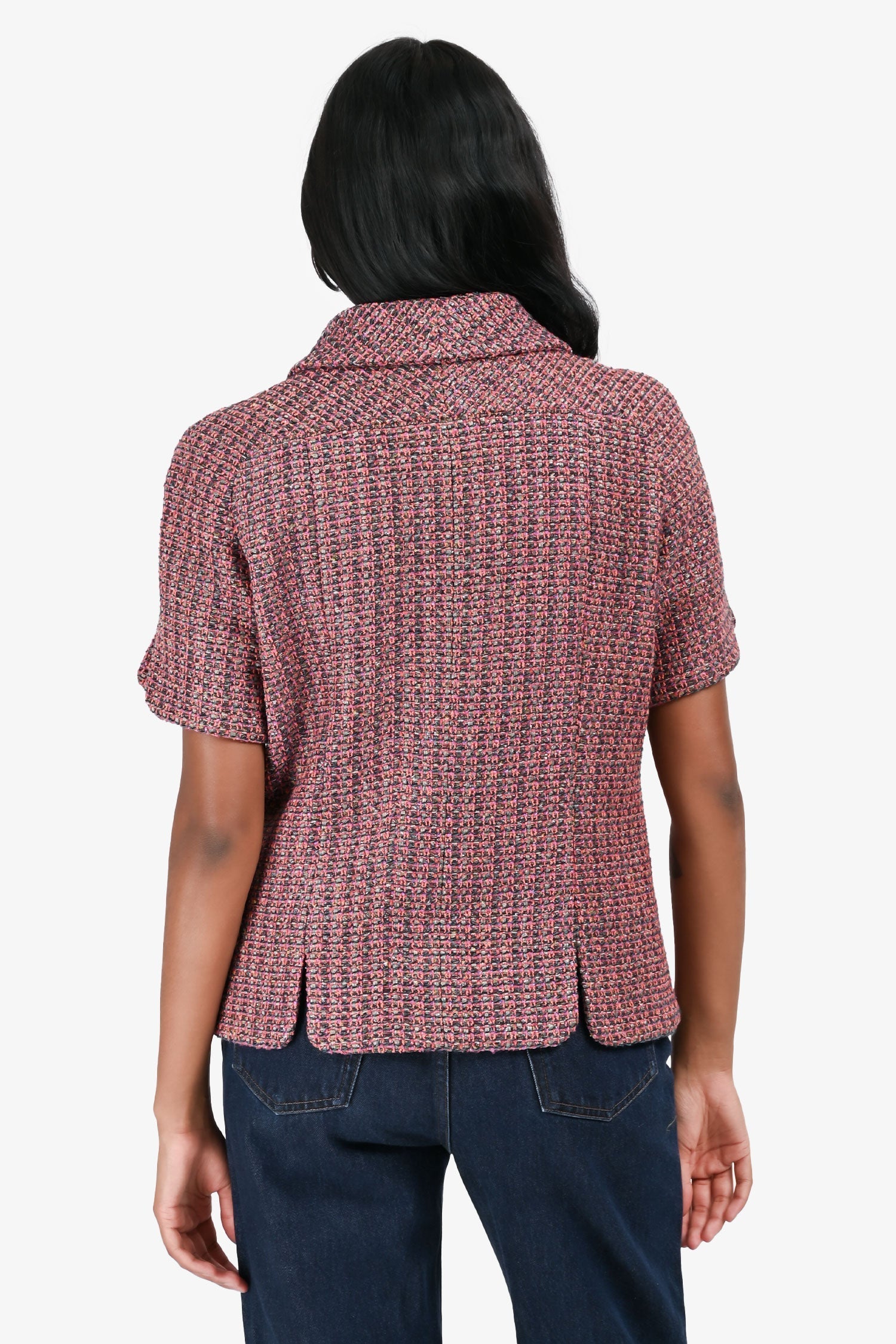 Pre-Loved Chanel™ Pink/Orange Metallic Tweed Short Sleeve Faux Pearl Logo Button Jacket Size 40