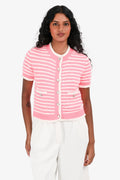 Pre-Loved Chanel™ Pink/White Striped Cotton Knit Short Sleeve CC Button igan Size 36