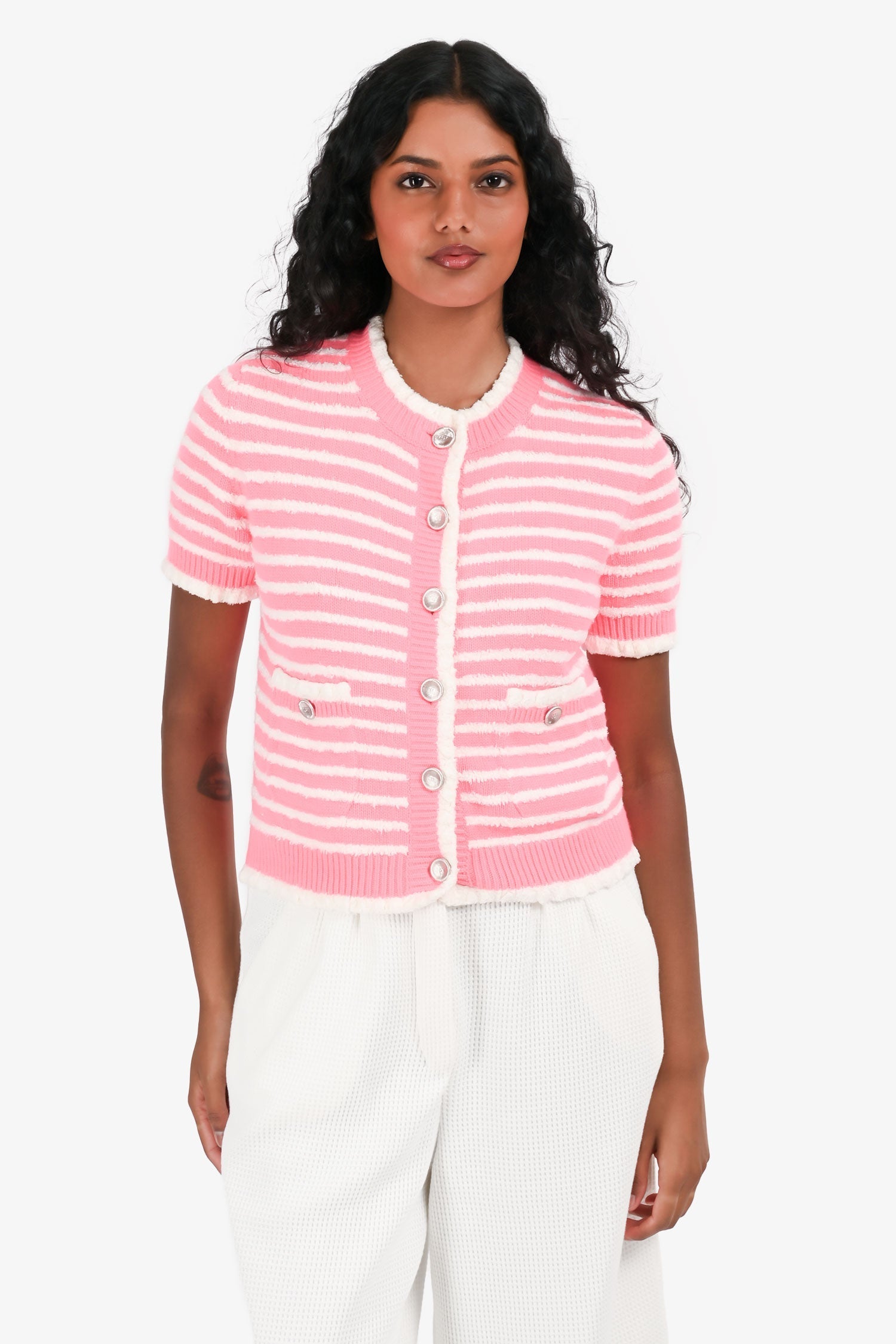 Pre-Loved Chanel™ Pink/White Striped Cotton Knit Short Sleeve CC Button igan Size 36