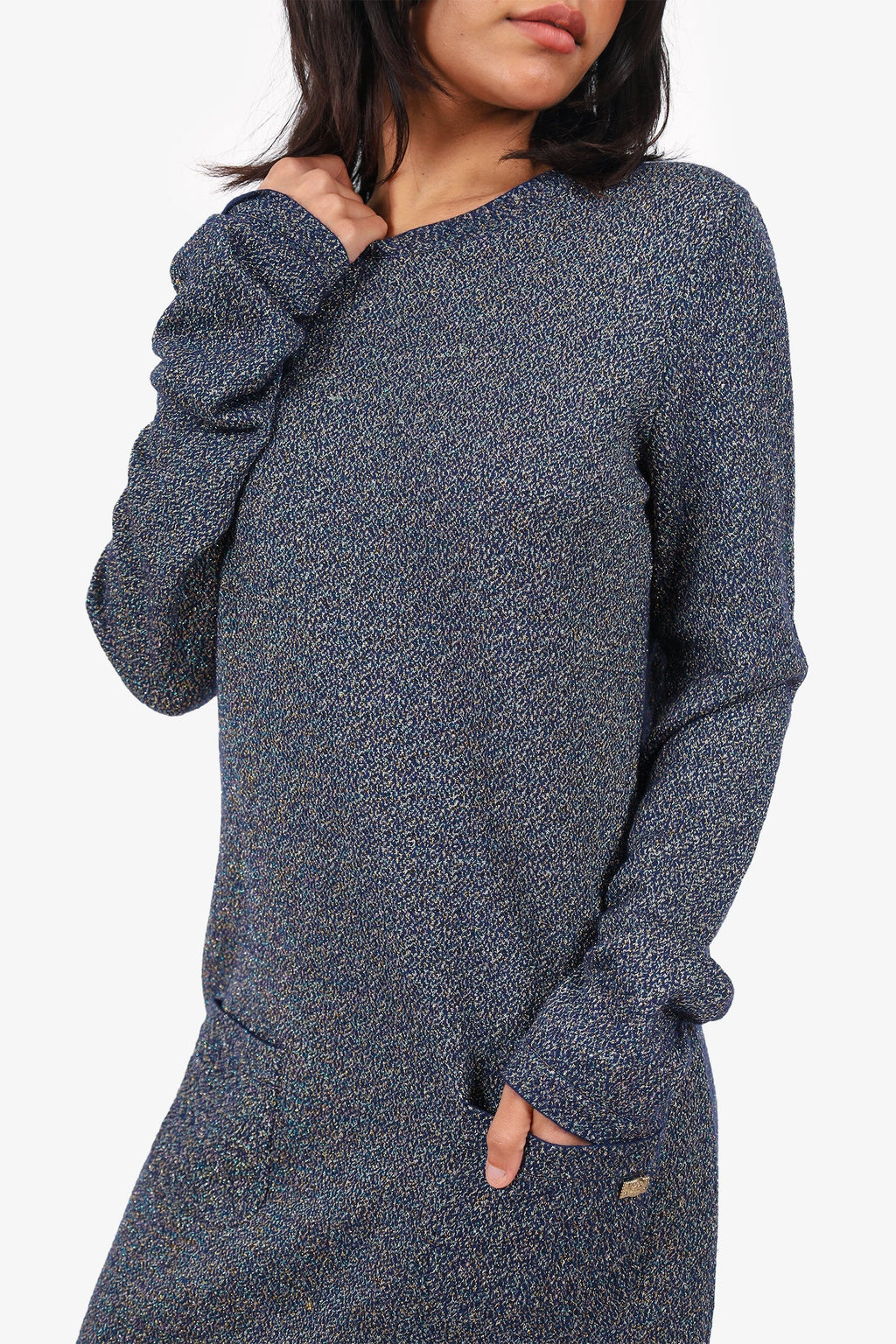 Pre-Loved Chanel™ 2011 Navy Cashmere Glitter Knitted Long Sleeve Dress Size 40