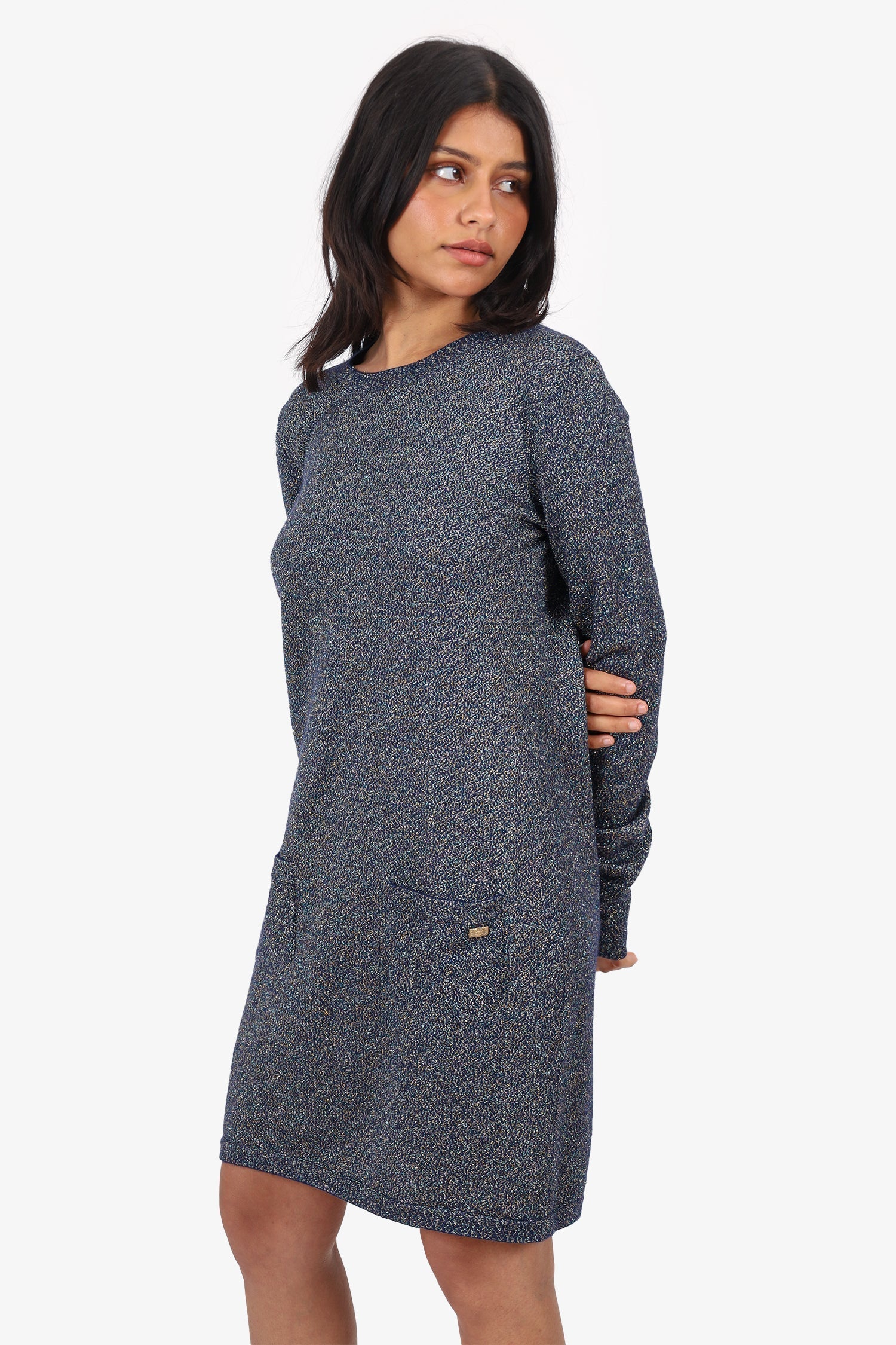 Pre-Loved Chanel™ 2011 Navy Cashmere Glitter Knitted Long Sleeve Dress Size 40