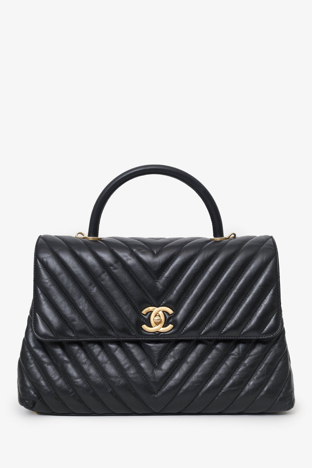 Pre-Loved Chanel™ Black Leather Chevron Coco Top Handle With Strap