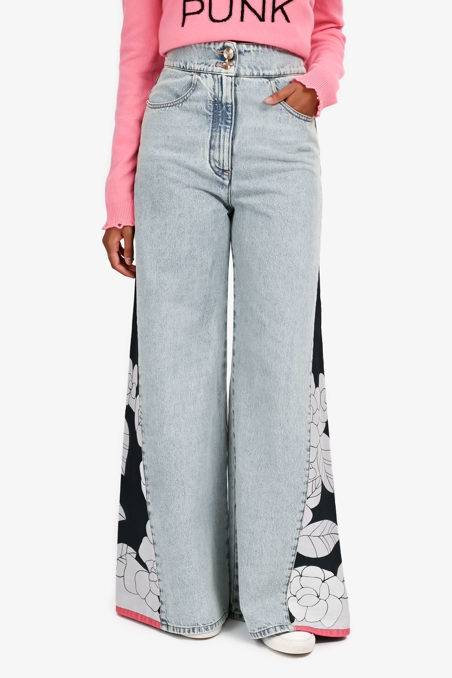 Pre-Loved Chanel™ 2021 Light Blue Denim Wide Leg Floral Jeans Size 36
