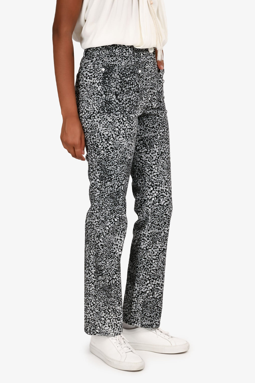 Pre-Loved Chanel™ 2021 Black/White Camellia Print Slim Tapered Jeans Size 36