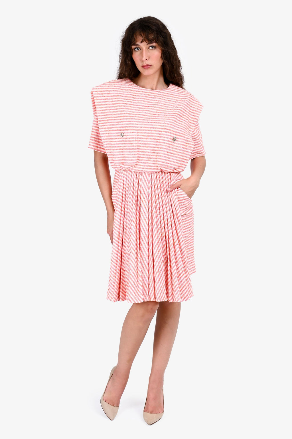 Pre-Loved Chanel™ Orange/Pink Striped Short Sleeves Midi Dress Size 36